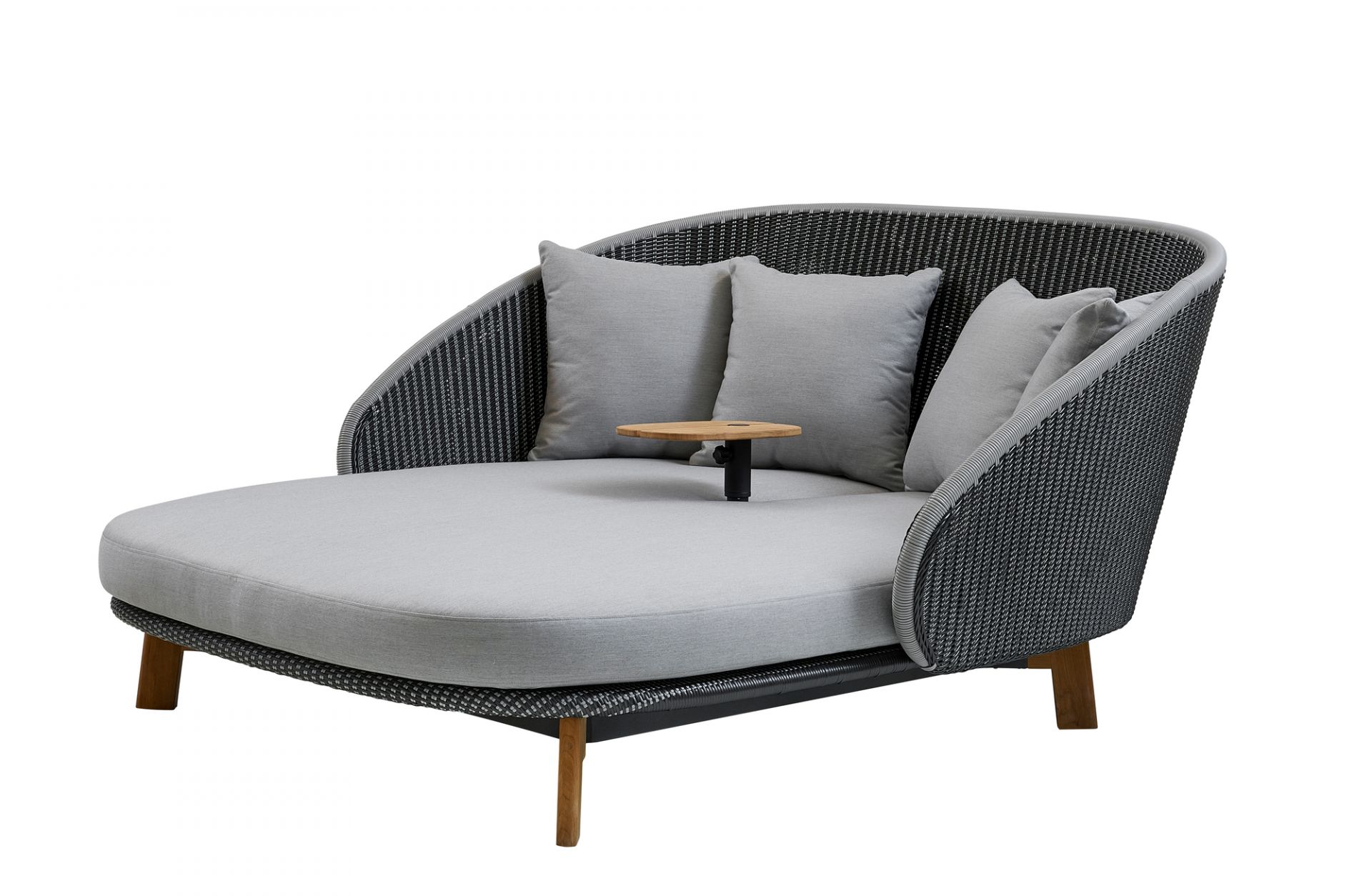 Cane-Line Peacock Outdoor Liege mit Tisch und Kissen, graues Rattan, Gartenmöbel.