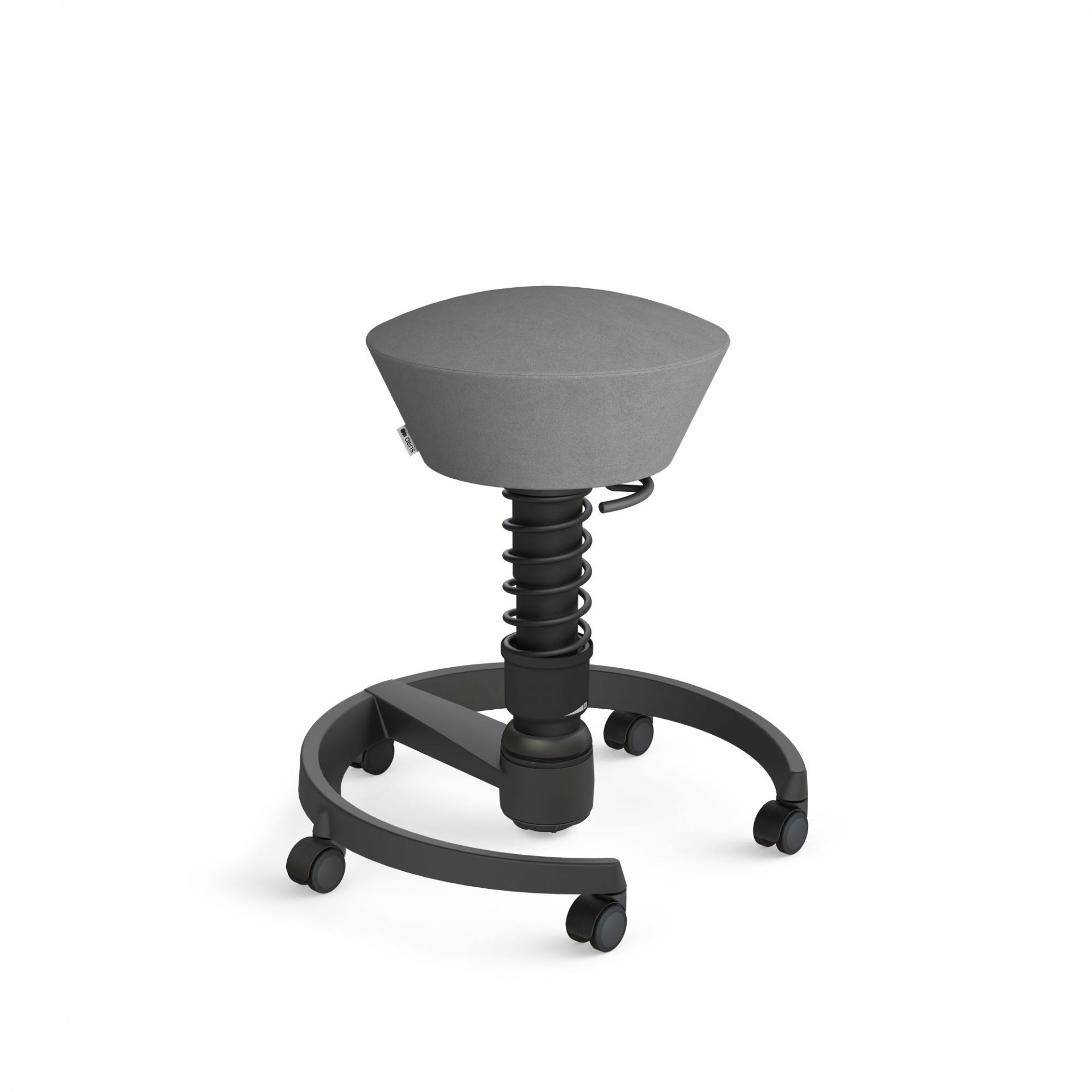 Grauer Bürohocker mit Federung und Rollen von Aeris, ergonomischer Stehhocker für dynamisches Sitzen.