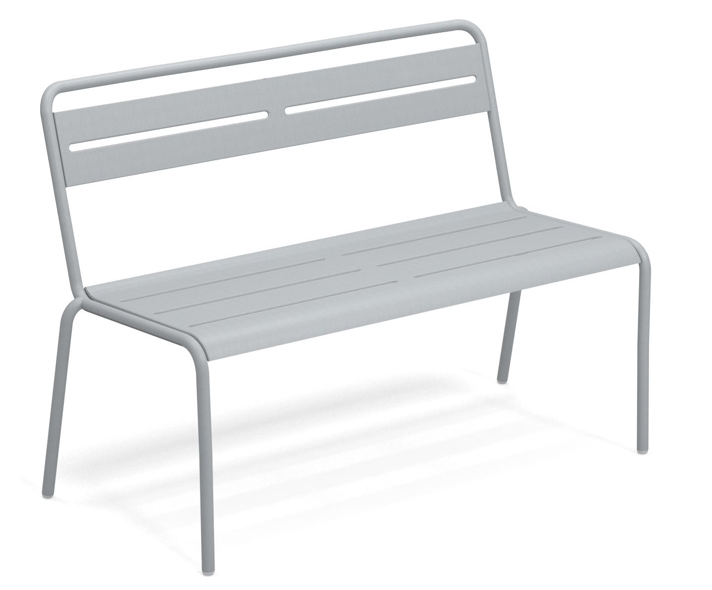 Emu Star Bench Outdoor Bank, moderne Gartenbank aus Metall in Hellgrau, minimalistisches Design.
