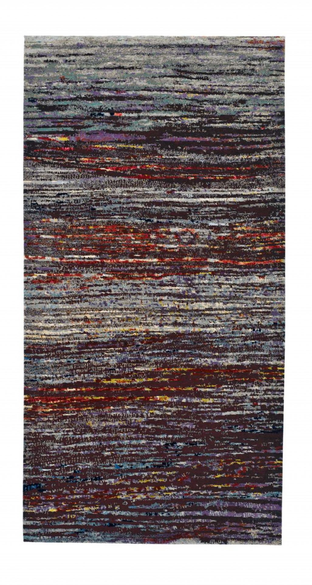 Legends of Carpets Teppich Walter Knoll: Moderner Wollteppich mit abstraktem Streifenmuster in Grau, Rot und Braun.