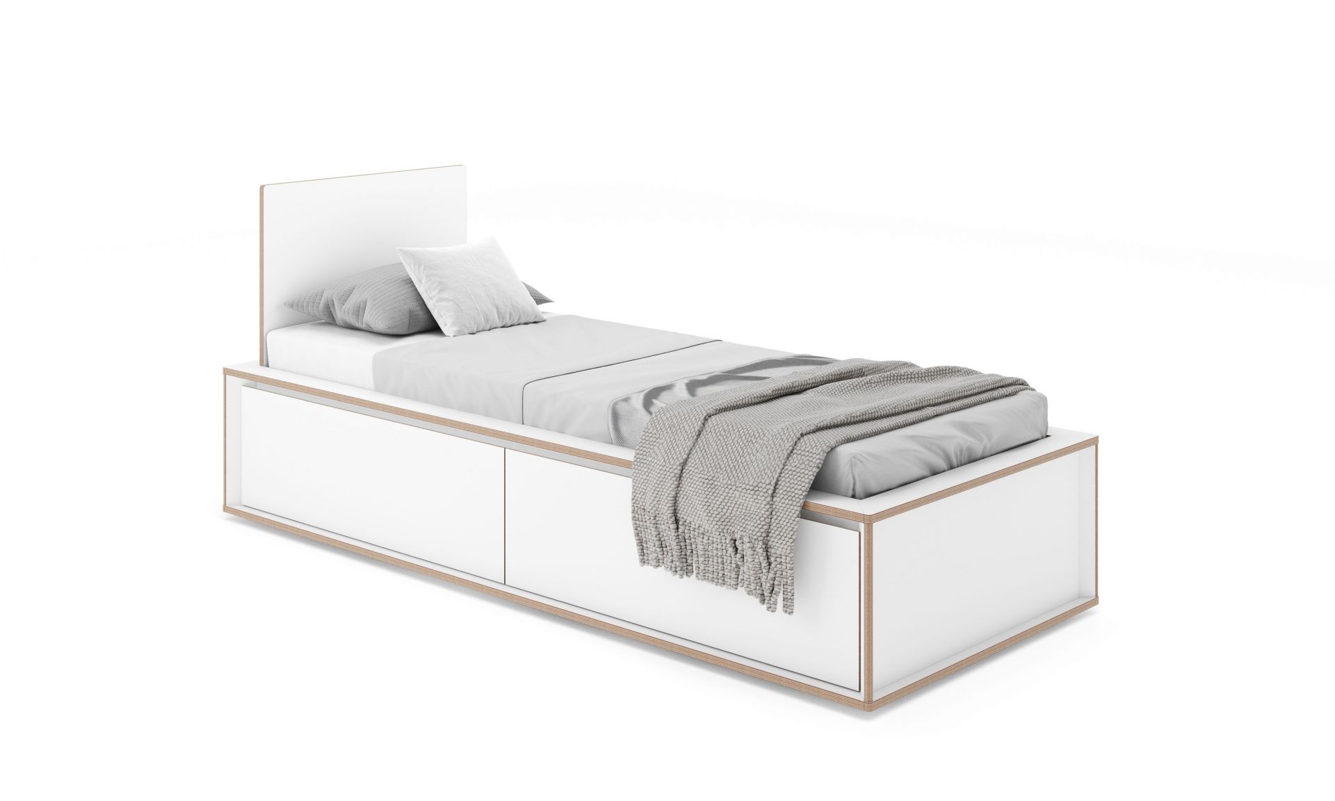 Spaze Bett von Müller Möbelwerkstätten, modernes weißes Bett mit Schubladen und skandinavischem Design.