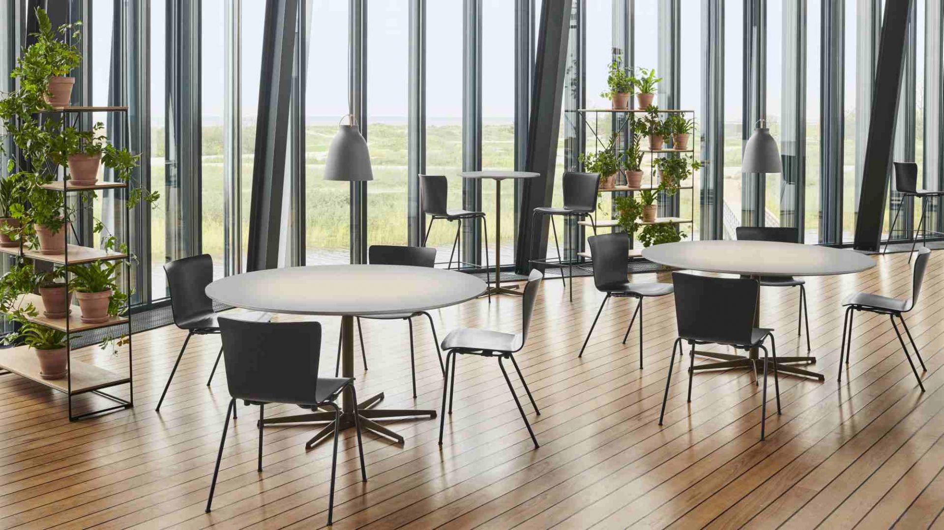 Helle Büroraum-Szene mit Fritz Hansen Tischen und Stühlen, ideal für Konferenzräume und moderne Arbeitsplätze.