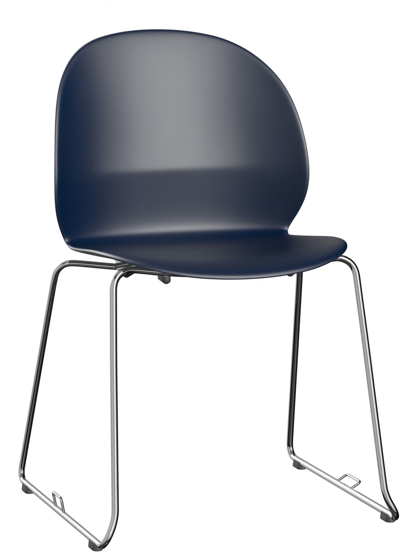 Fritz Hansen N02 Recycle Stuhl in Dunkelblau mit verchromtem Stahlgestell, Frontansicht.