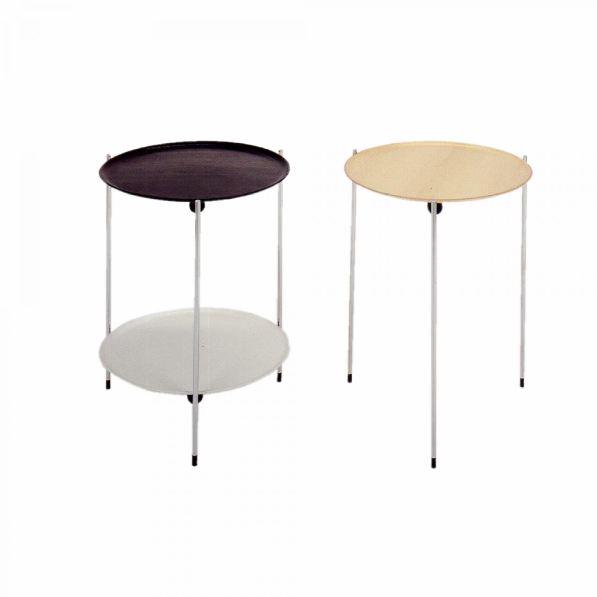 Zwei Tecnolumen Beistelltische: Einer mit zwei Ablagen, einer mit einer Ablage, minimalistisches Design.