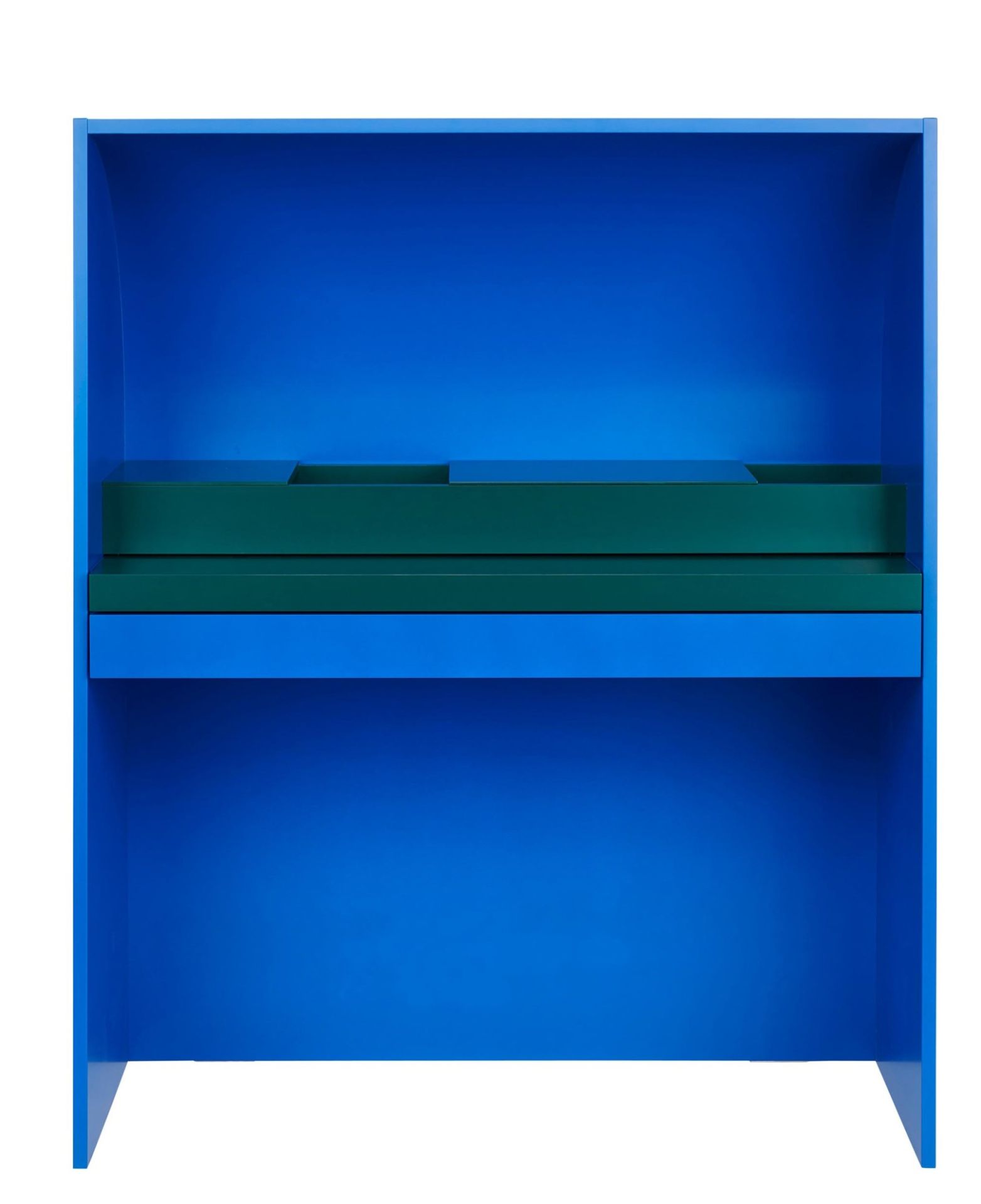 Blauer Schönbuch Akira Sekretär Schreibtisch mit grünen Schubladen, modernes Design für Büro und Zuhause.