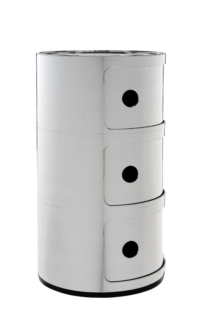 Kartell Componibili 3er Element in Metall-Optik, runder Nachttisch mit drei Fächern und schwarzen Griffen.