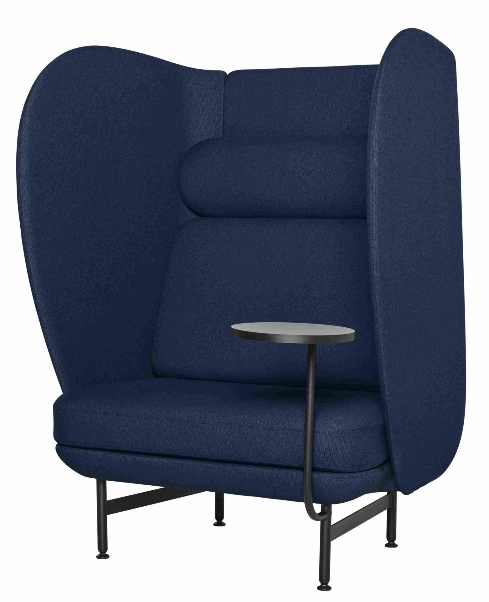 JH1001 Plenum Sessel von Fritz Hansen, blauer Stoff, hoher Rückenlehne und integriertem kleinem Tisch.