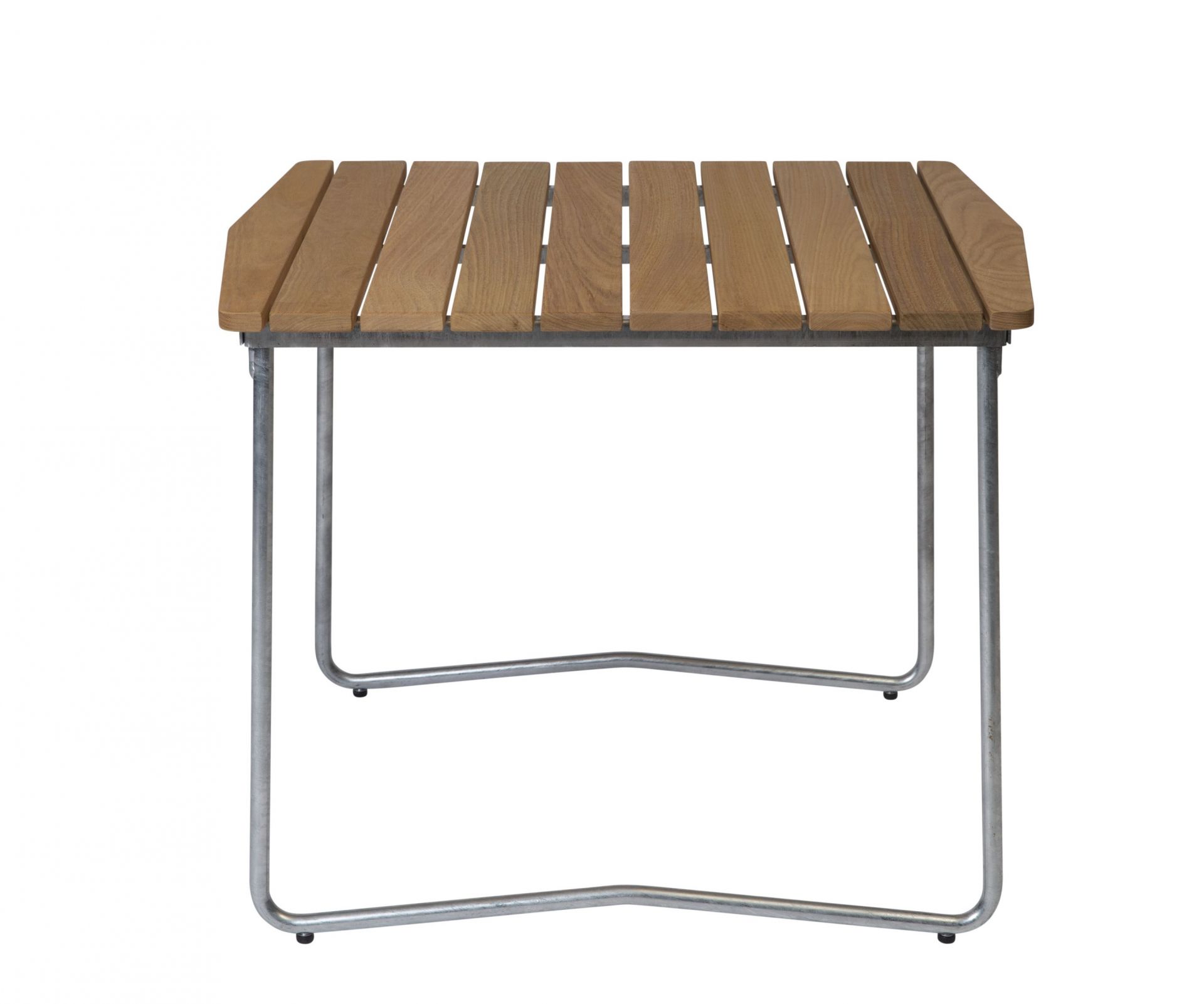 Grythyttan Stalmöbler B31 Eiche Tisch mit Stahlgestell, Gartentisch für den Außenbereich, Detailaufnahme.