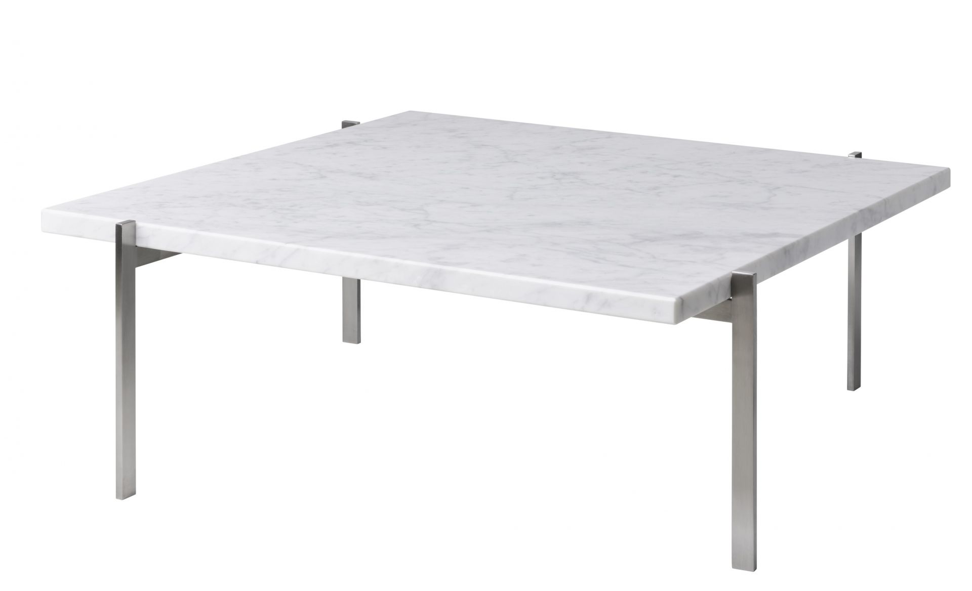 PK 61 Couchtisch von Fritz Hansen mit quadratischer, weißer Marmorplatte und Stahlgestell.
