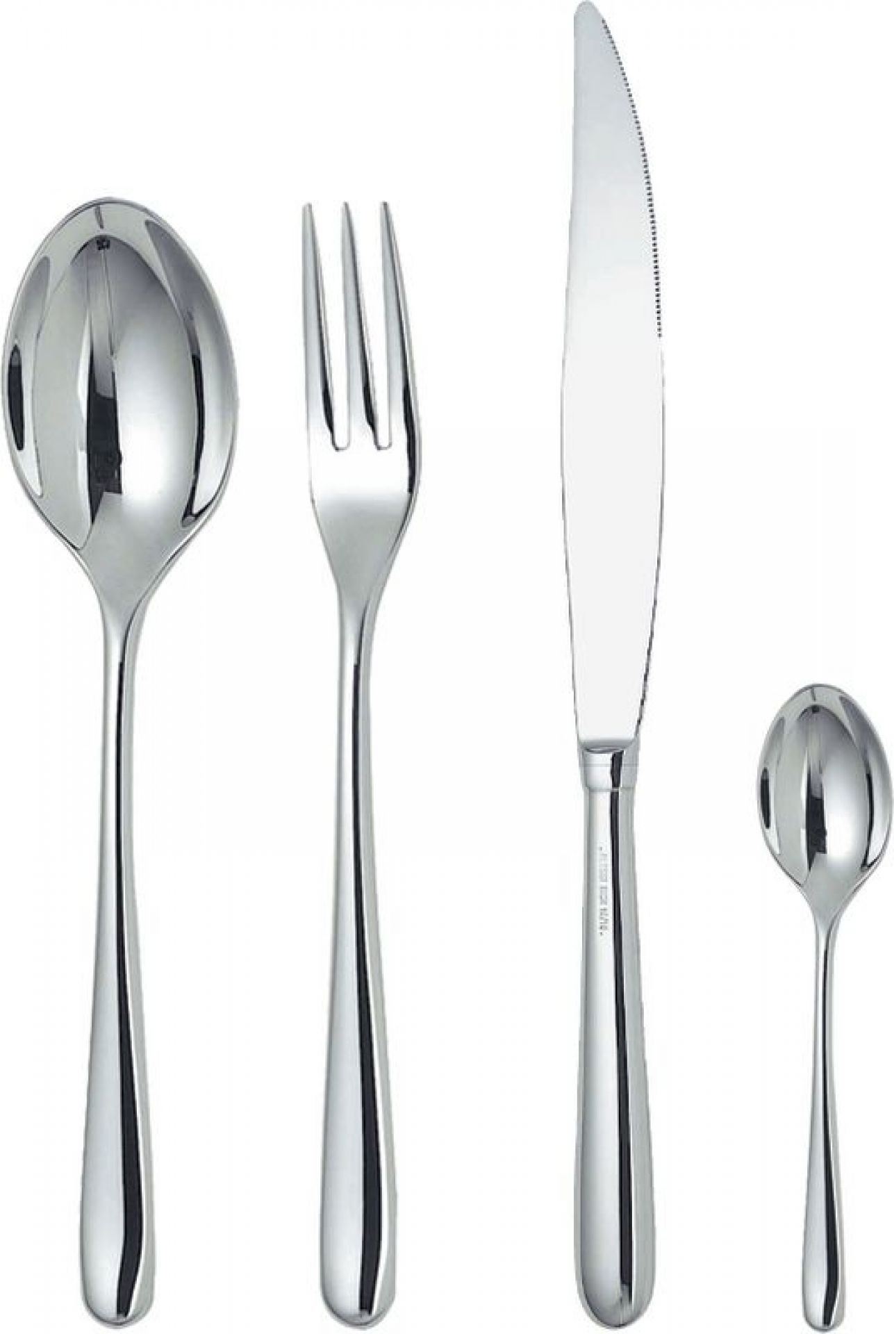 Nahaufnahme des Alessi Caccia Bestecksets mit Messer, Gabel, Esslöffel und Teelöffel aus glänzendem Edelstahl.