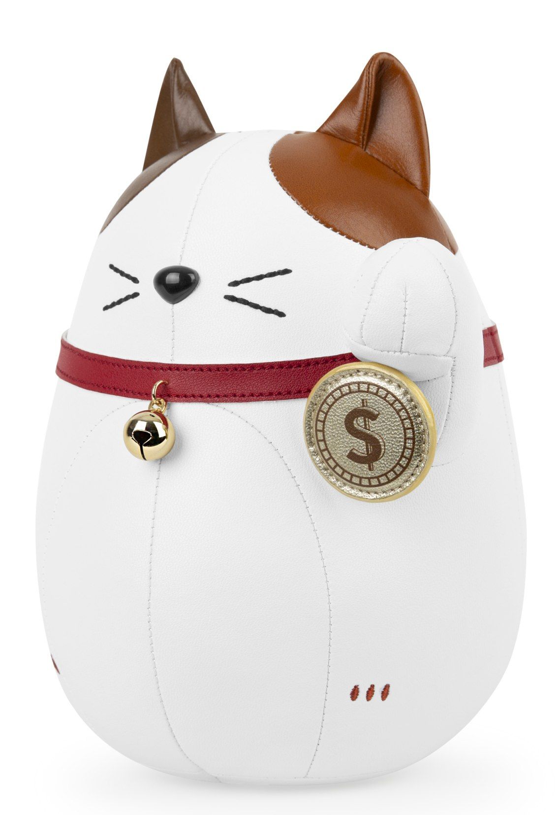 Buchstütze Lucky Cat Fu Tan, weiße Glückskatze mit rotem Halsband und goldener Münze als Deko.