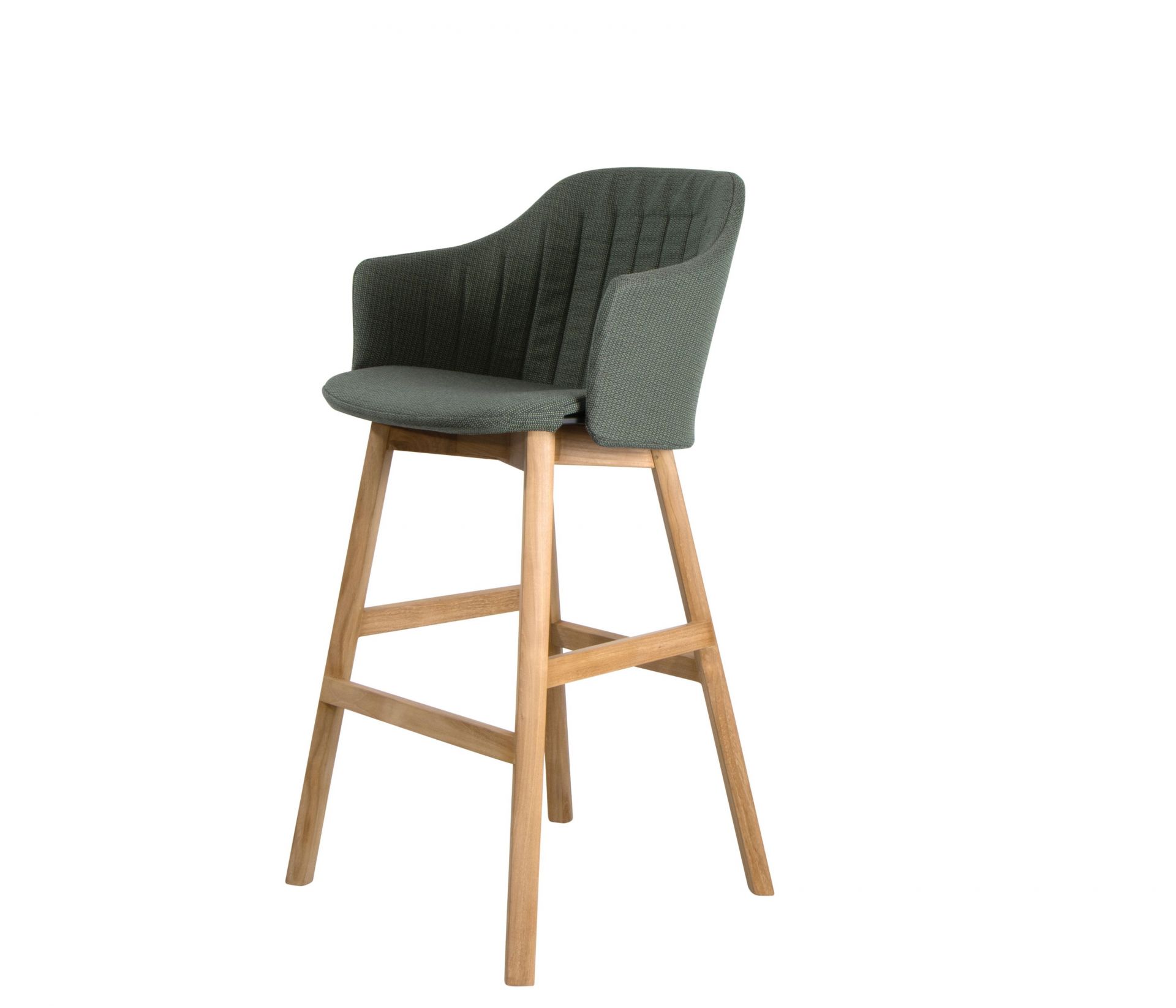 Choice Barstuhl von Cane-Line mit taupefarbenem Sitzkissen und Armlehnen, Holzgestell für Outdoor-Bereich.