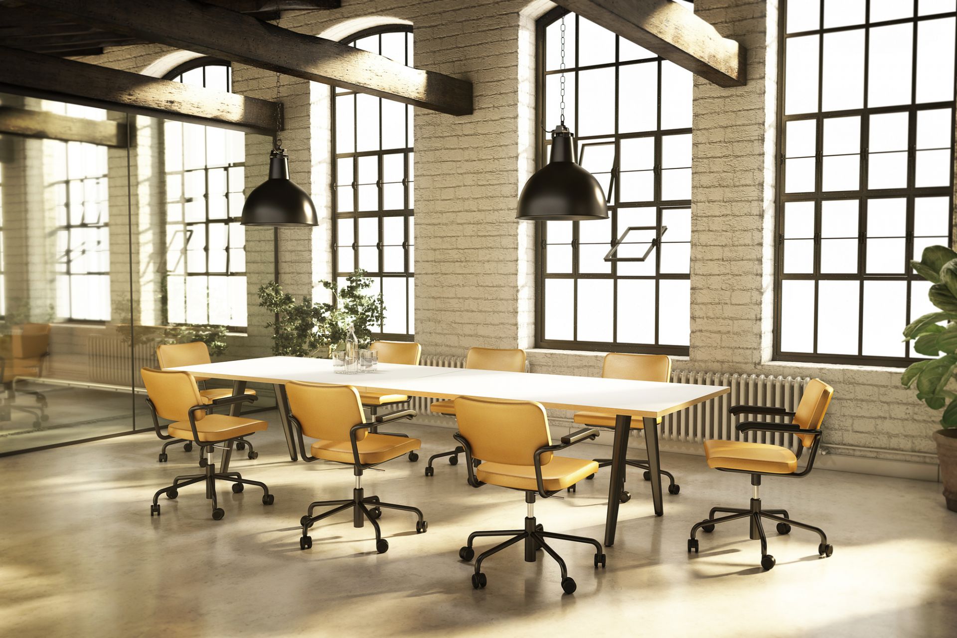 Büro mit Thonet S 64 PVDR Atelier Drehstühlen in Gelb um einen Konferenztisch.