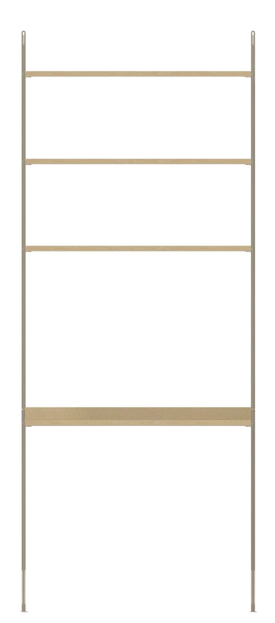 Arbeitsplatz KONFIGURATIONEN W1 String Furniture: Regalsystem mit vier hellen Holzregalböden und grauen Metallleitern.