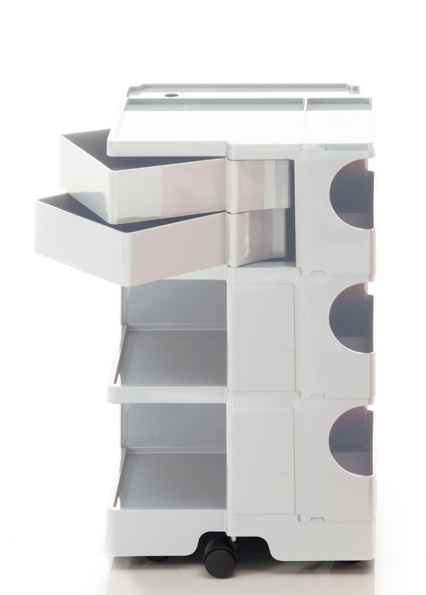 Weißer Boby Rollcontainer mit Schubladen und Ablagefächern, ideal für Büro und Werkstatt.