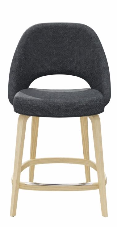 Saarinen Barstool Barhocker von Knoll International mit grauem Stoffbezug und hellem Holzgestell für die Thekenhöhe.