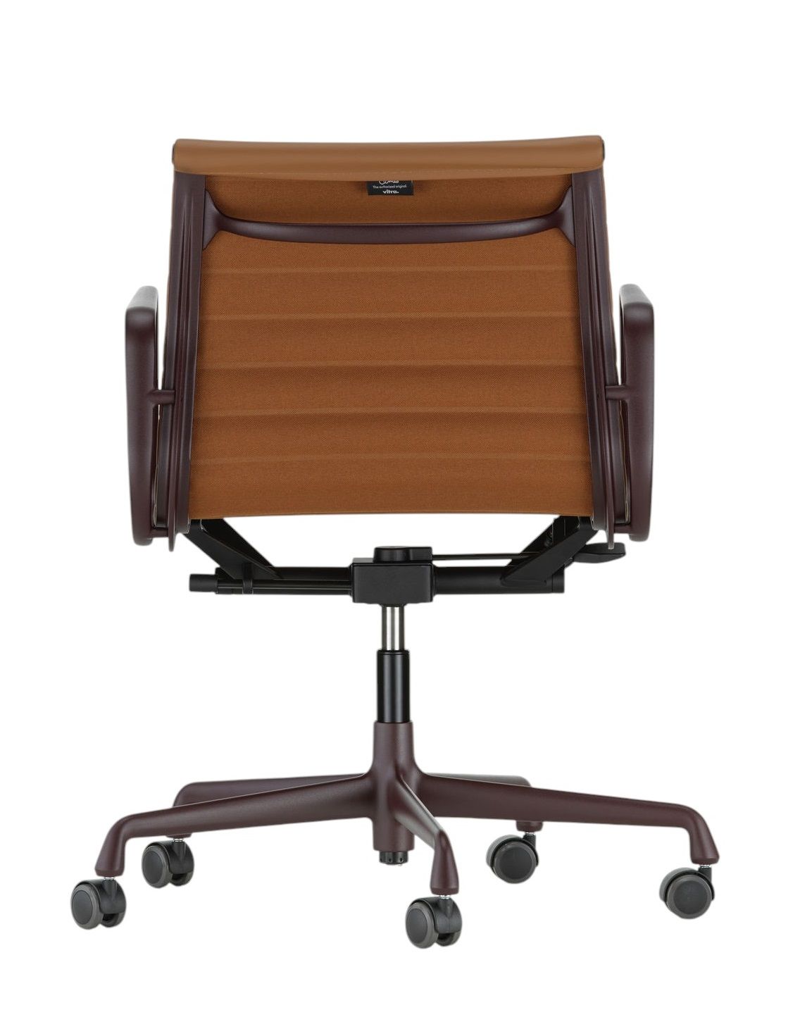 Rückansicht des Vitra Aluminium Chair EA 118 in Braun, Bürostuhl mit Armlehnen und Rollen.