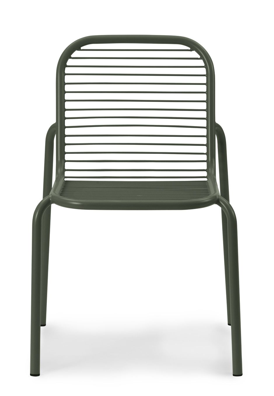 Vorderansicht des grünen Vig Chair Stuhls von Normann Copenhagen, ideal für den Außenbereich.