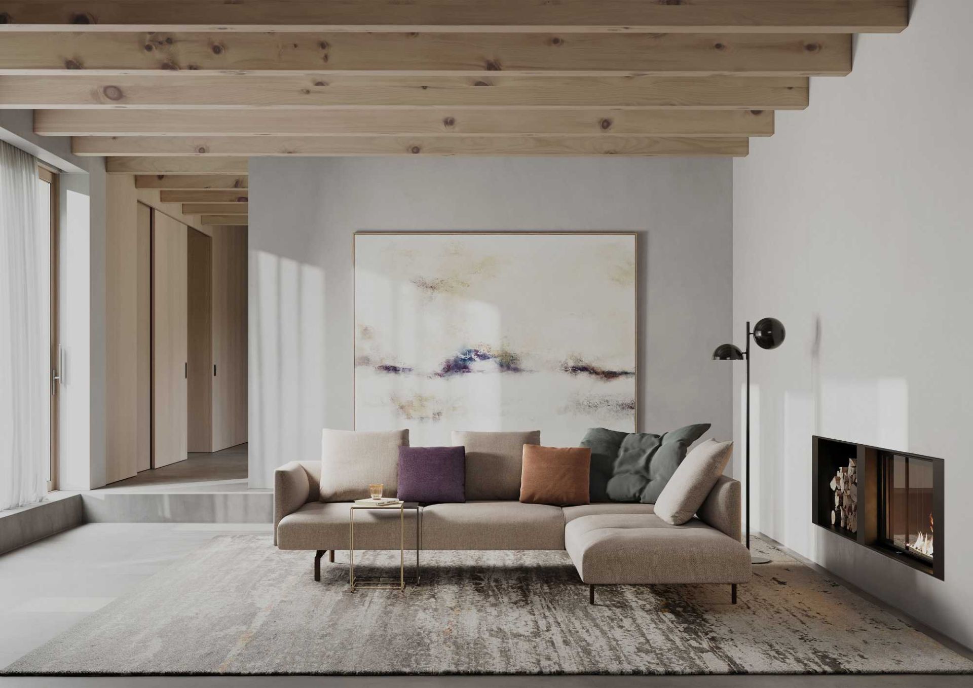 Muud Sofa von Walter Knoll, freistehendes Ecksofa in Beige mit farbigen Kissen im Wohnzimmer.