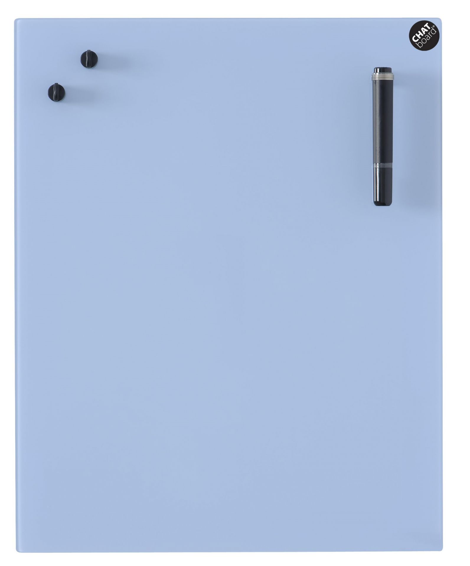 Hellblaue Chat Board Classic Glastafel für die Wand mit Stift und Magneten.