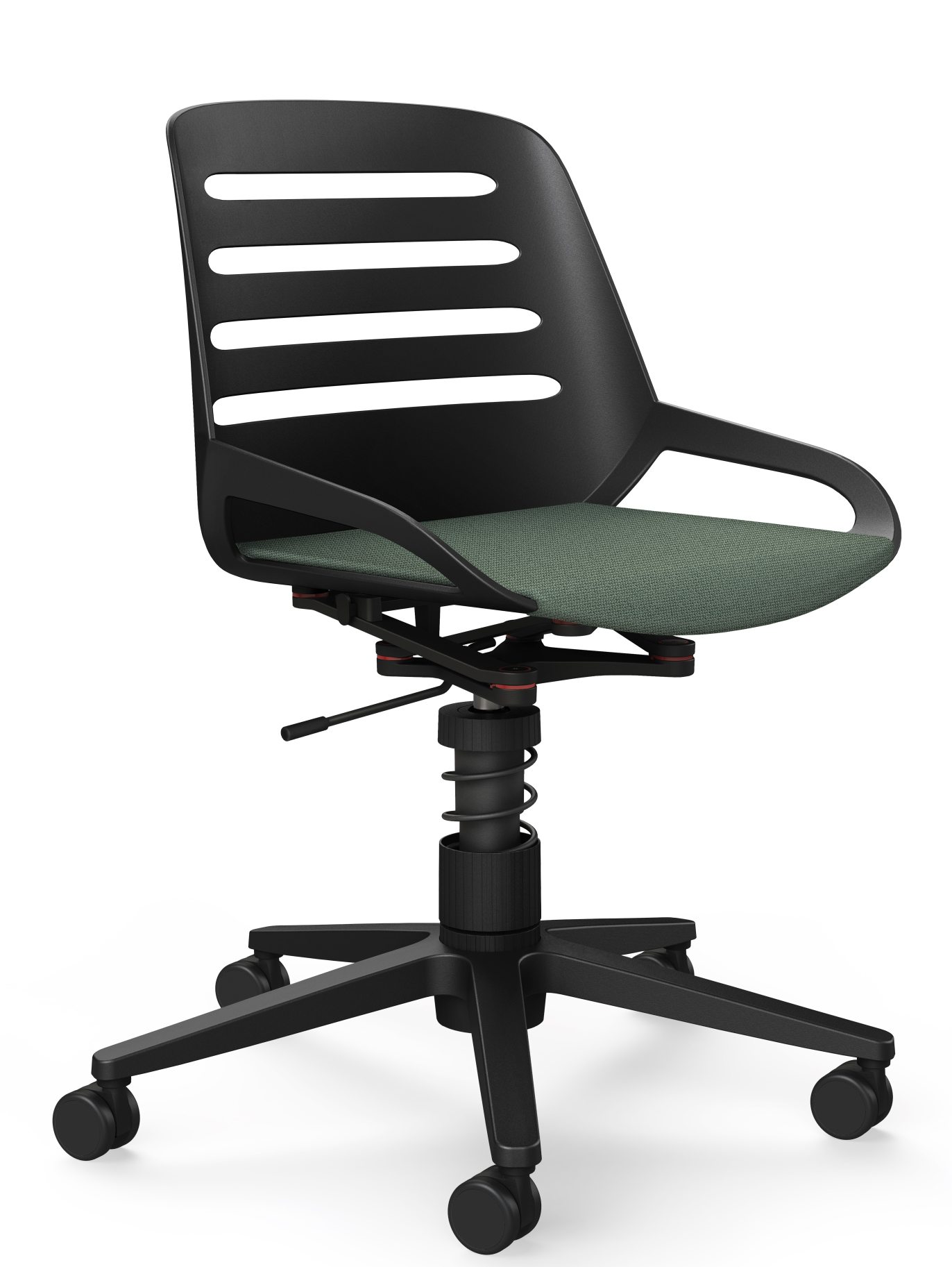 Numo Task Bürodrehstuhl von Aeris mit schwarzem Gestell, grüner Sitzfläche und Rollen für flexibles Arbeiten.