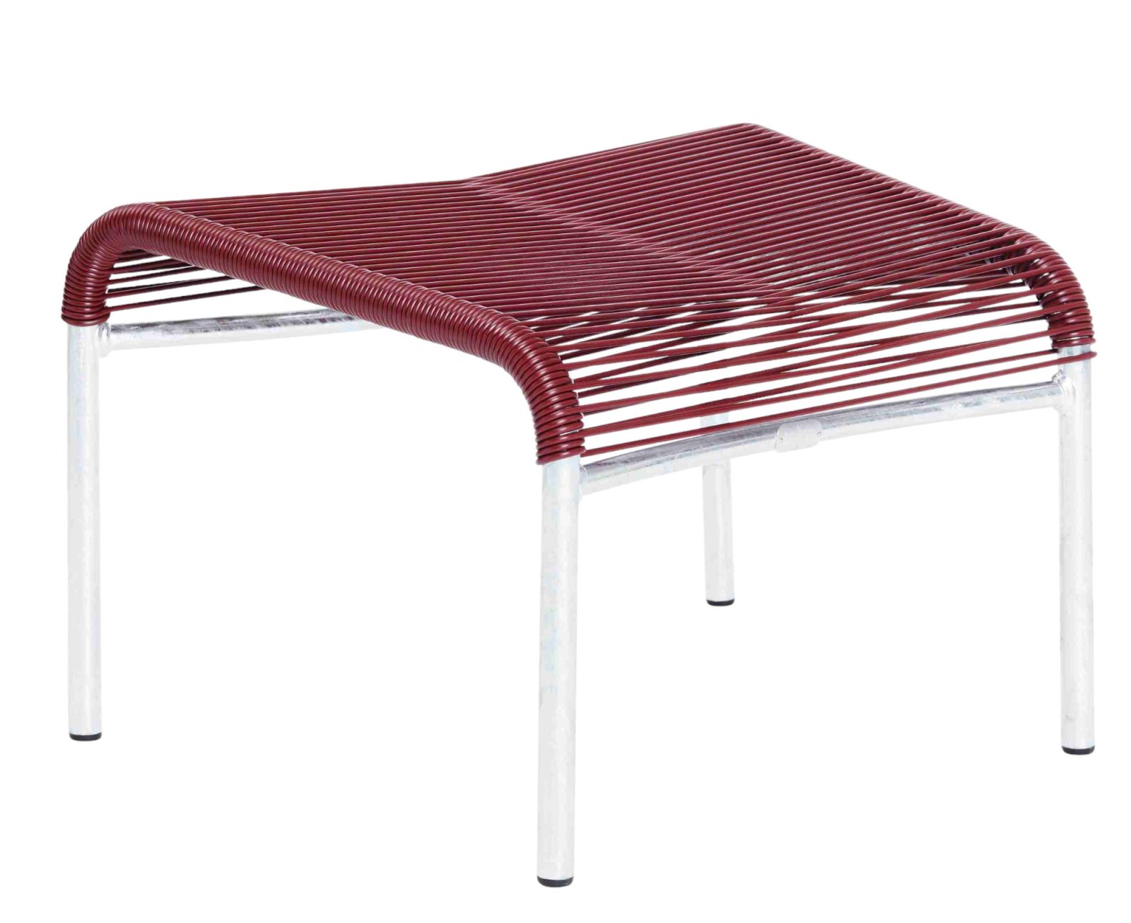 Altorfer Lounge Hocker Outdoor Embru: Roter Outdoor Hocker mit weißem Metallgestell für Garten und Terrasse.