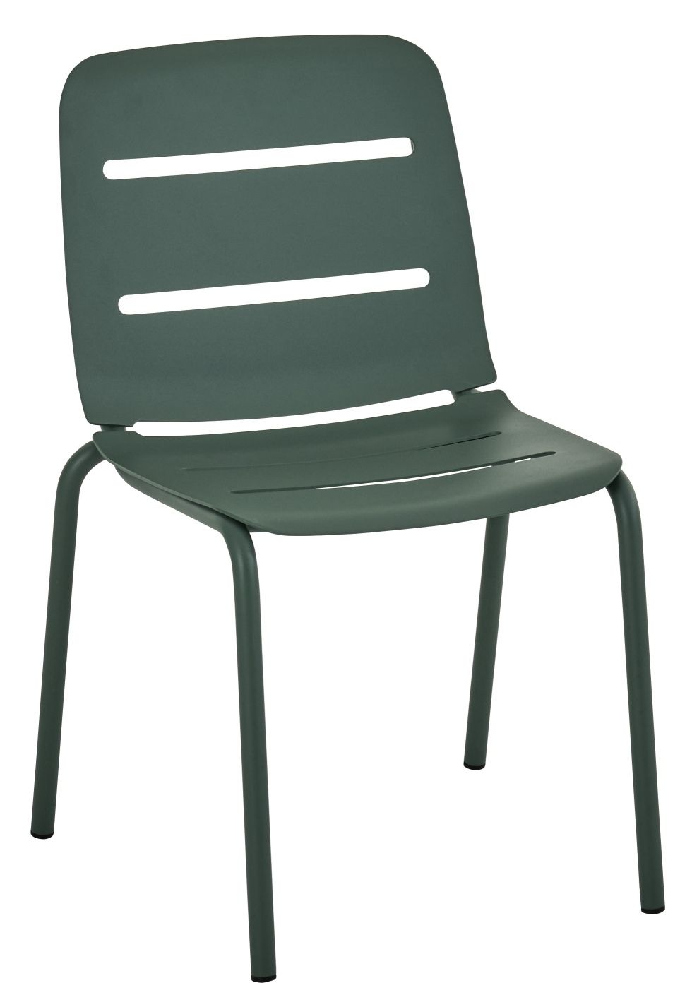 Vapio Stuhl von Weishäupl für den Außenbereich, grüner Gartenstuhl mit schlichtem Design und Metallgestell.