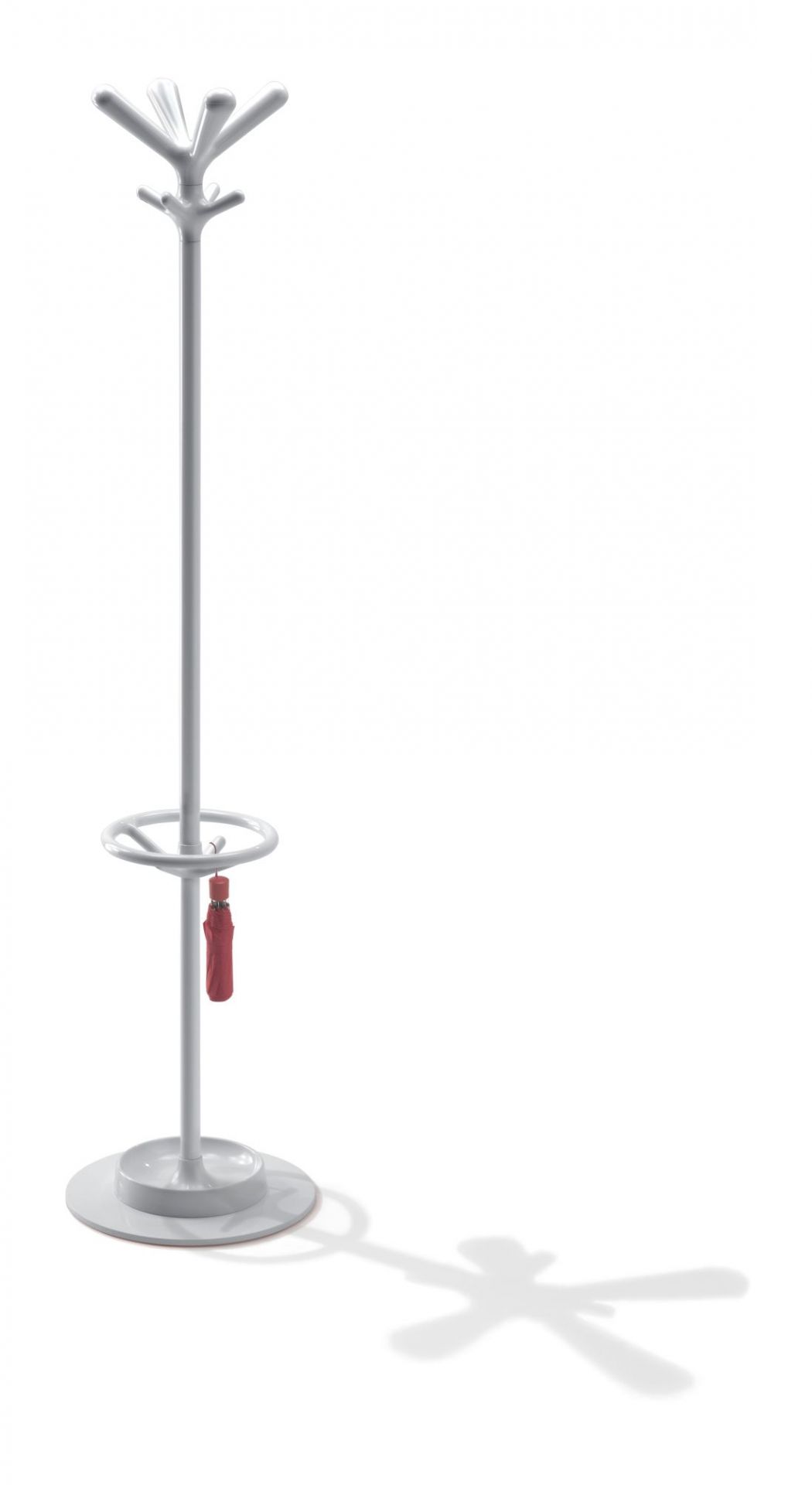 Weißer Pop Kleiderständer von Rexite mit Schirmhalter und rotem Regenschirm, freistehend für Flur und Garderobe.