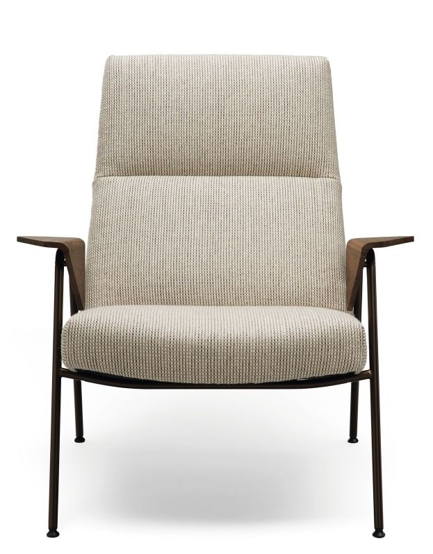 Walter Knoll Sessel 367/368 Votteler Chair mit beigem Stoffbezug und dunklem Metallgestell, Frontansicht.