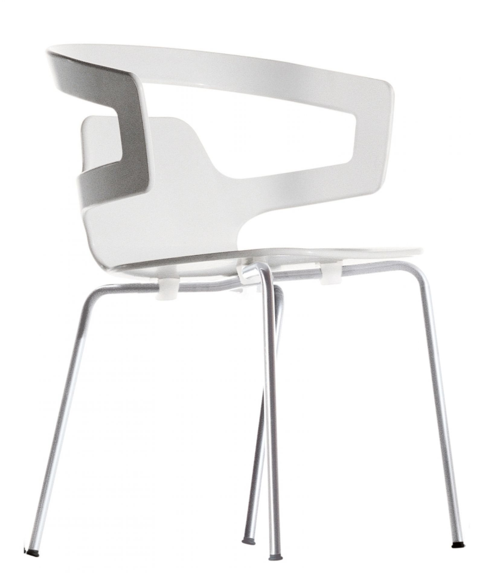Segesta Chair 500 Stuhl Alias: Moderner, weißer Design-Stuhl mit Armlehne und silberfarbenem Metallgestell, seitliche Ansicht.