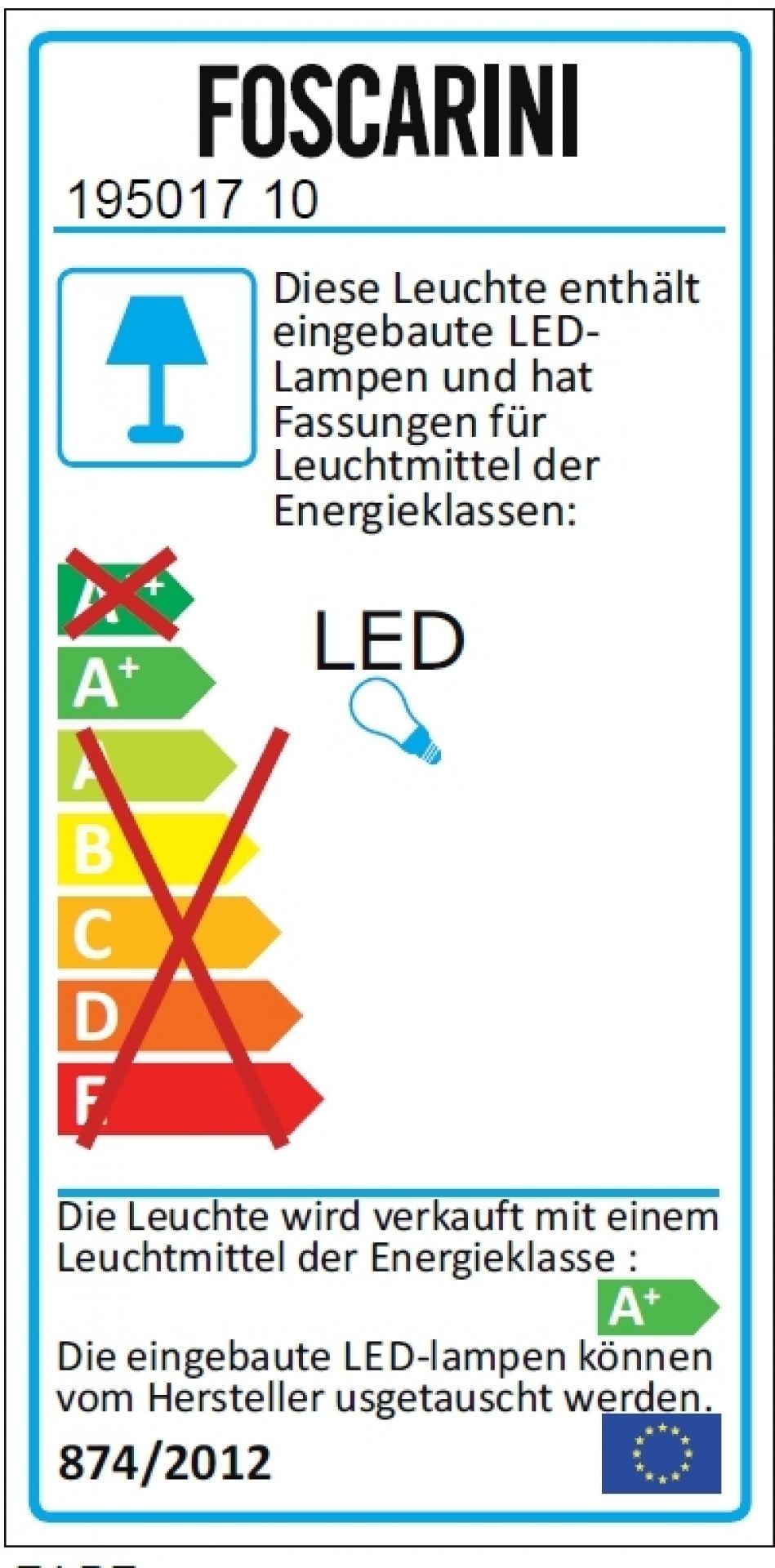 Energielabel der Foscarini Aplomb LED Pendelleuchte mit Energieeffizienzklasse A+ und Informationen zu LED-Leuchtmitteln.