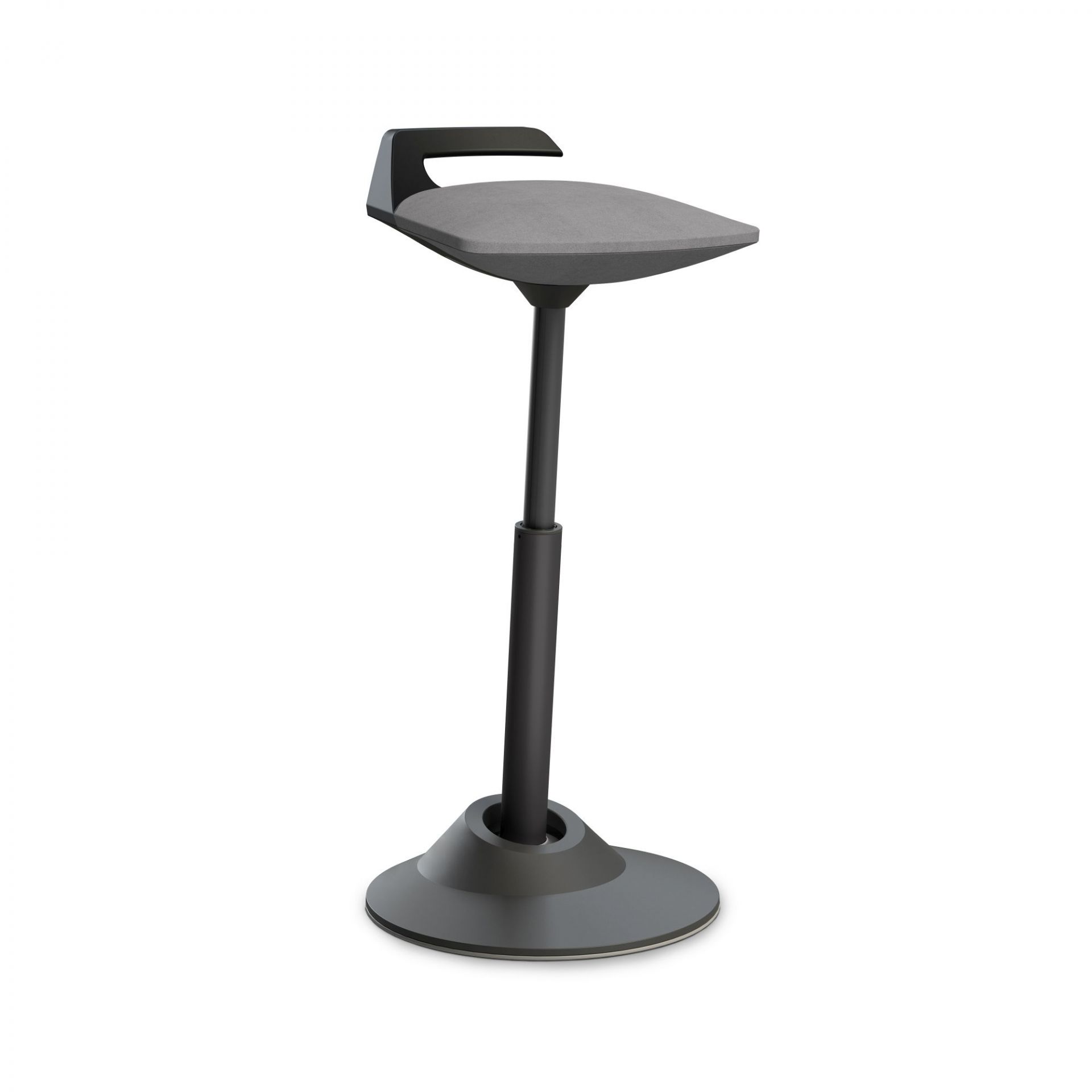 Grauer, ergonomischer Stehhocker mit Rückenlehne für Büro und Homeoffice, höhenverstellbar und modern.