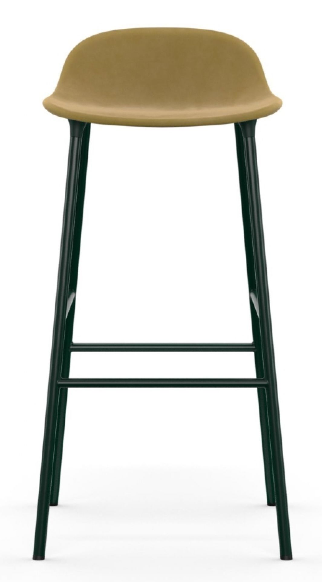 Normann Copenhagen Form Barhocker, gepolsterter Sitz in Beige, Stahlgestell in Dunkelgrün, moderne Barstühle für Küche und Bar.