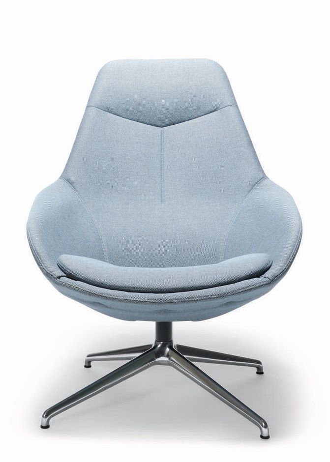 Yonda Sessel von Wilkhahn, blauer Loungesessel mit Drehfuß, moderner Relaxsessel für Wohnzimmer und Büro.
