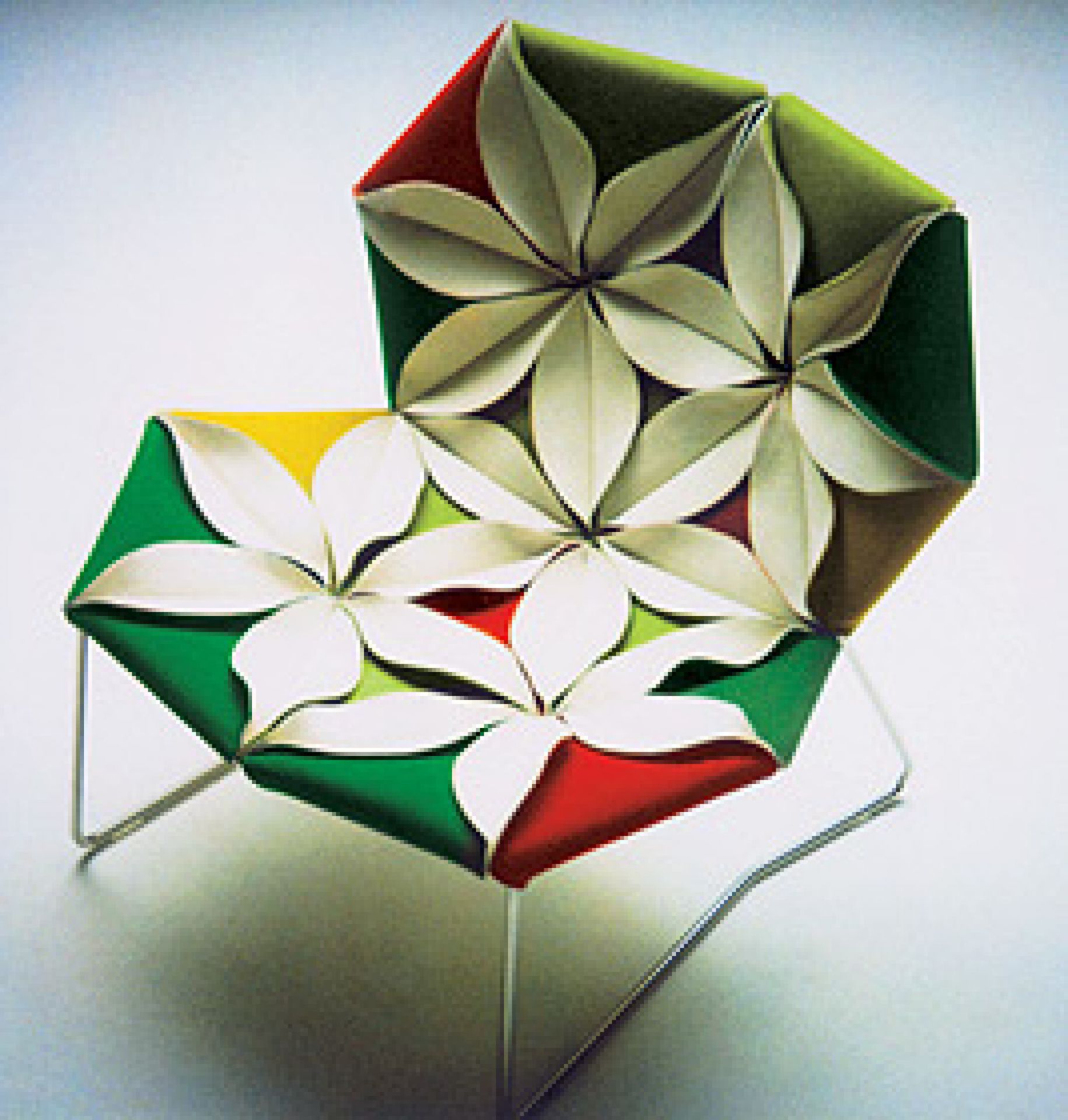 Farbenfroher Design Sessel mit Blütenmuster von Moroso. Antibodi Sessel mit floralem Bezug und Metallgestell.