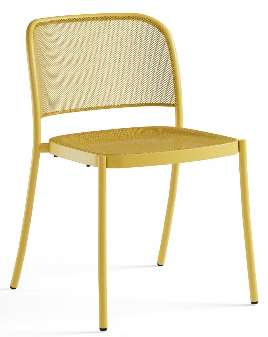 Gelber Cafè Chair Stuhl von Emu für den Außenbereich, mit Sitzfläche und Rückenlehne aus Metallgitter.