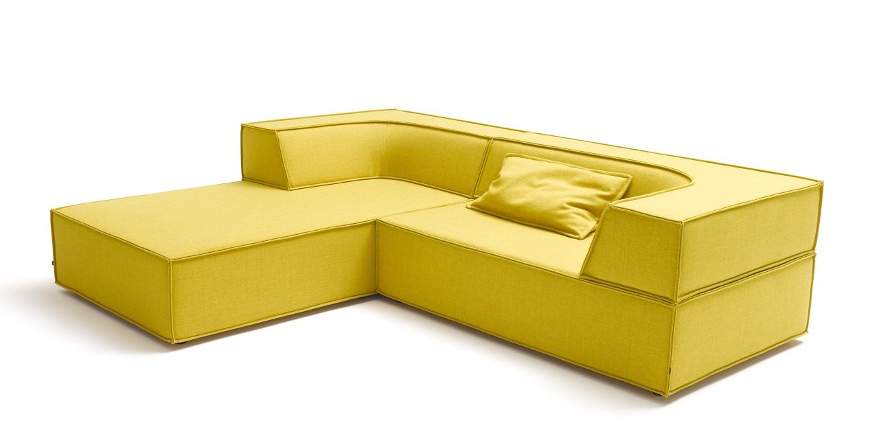 Gelbes Cor Sofa Trio mit Rückenkissen und Ottomane, modernes modulares Wohnzimmermöbel.