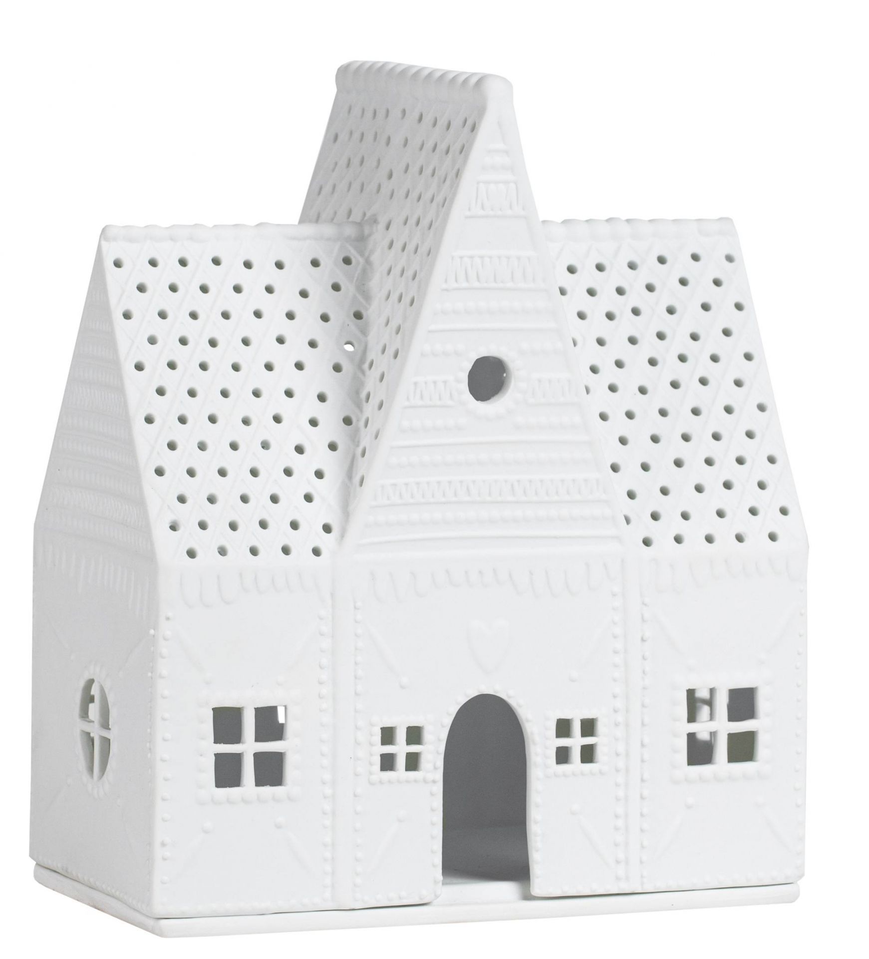 Detailaufnahme eines weißen Lebkuchenhaus-Lichthauses aus dem Zuhause Lichthaus 3er-Set, weihnachtliche Dekoration.