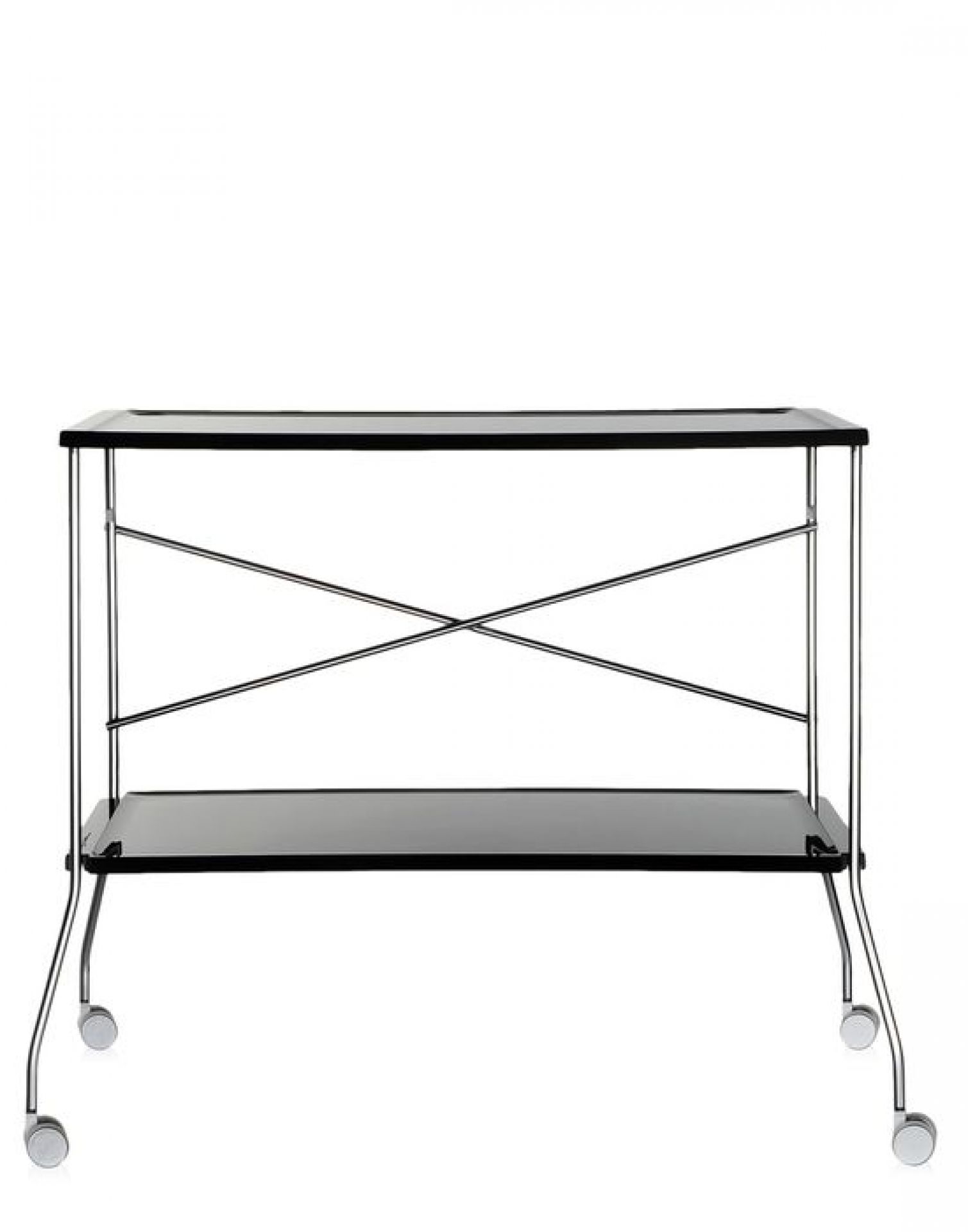 Schwarzer Flip Rollwagen von Kartell mit zwei Ablageflächen und Chromgestell auf weißem Hintergrund.