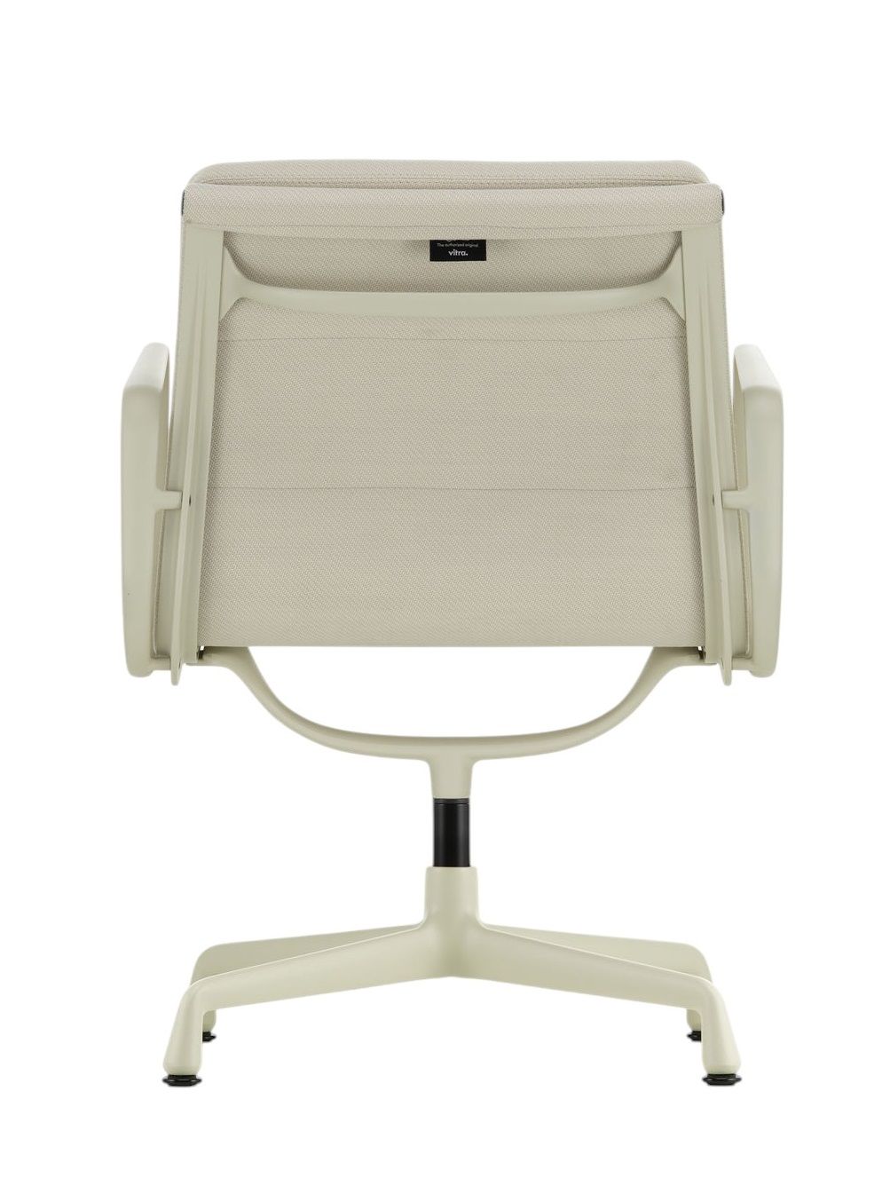 Rückansicht des Soft Pad Chair EA 208 von Vitra in hellem Stoffbezug und Aluminiumgestell.