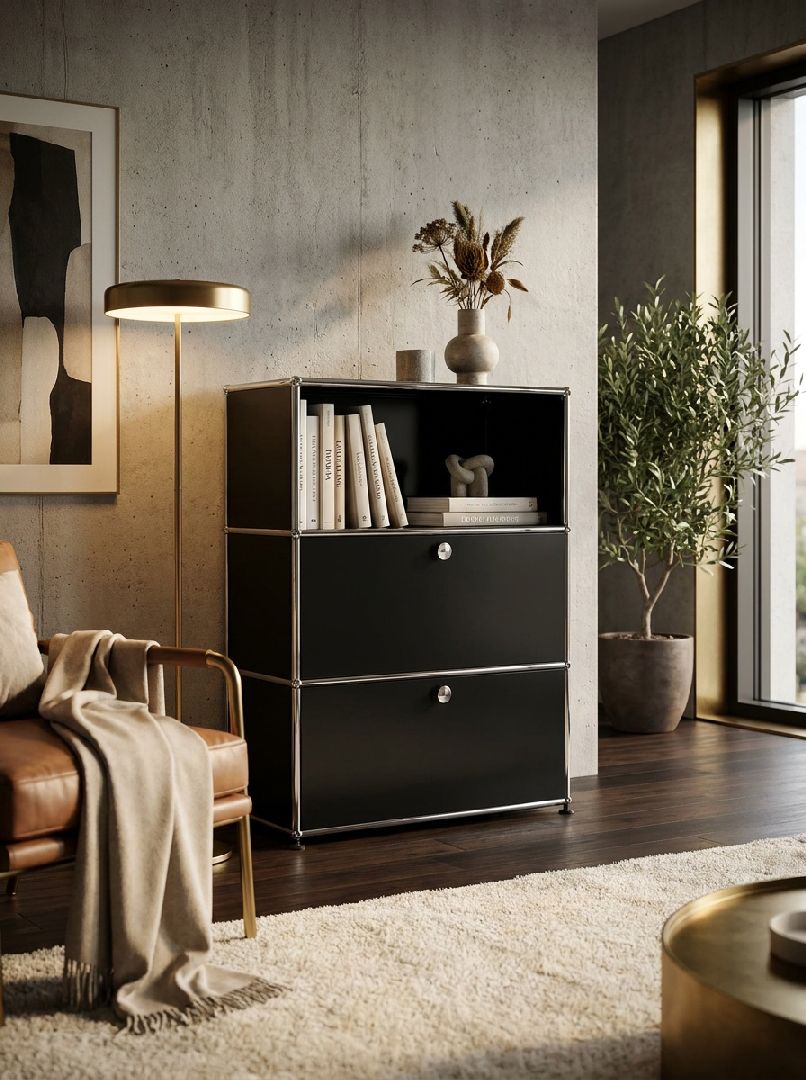 USM Haller hoogkast met 2 kleppen en 1 open vak – grafietzwart