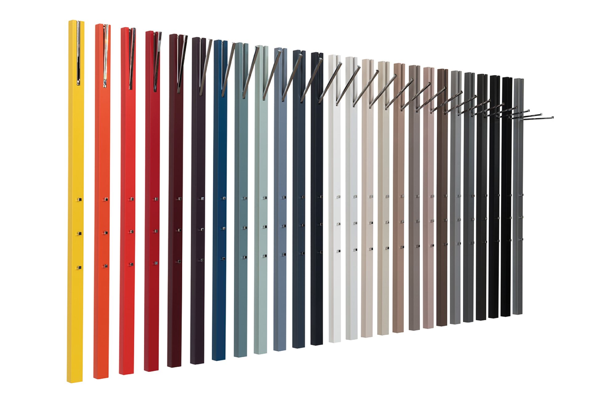 Line Garderobenelement von Schönbuch in verschiedenen Farben, moderne Wandgarderobe mit Haken und minimalistischem Design.