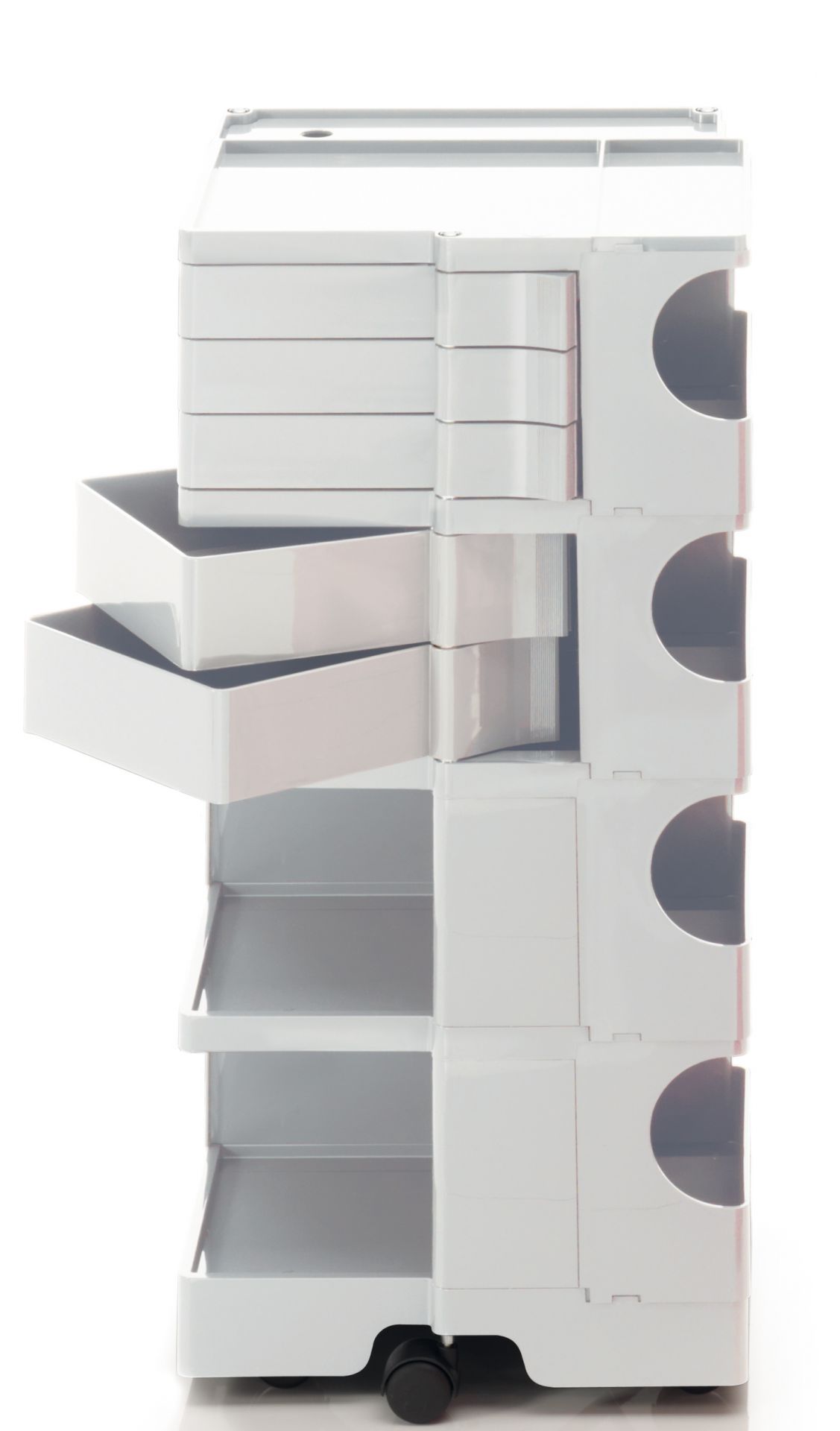 Weißer Boby Rollcontainer mit Schubladen und Ablagefächern, ideal für Büro und Arbeitszimmer.