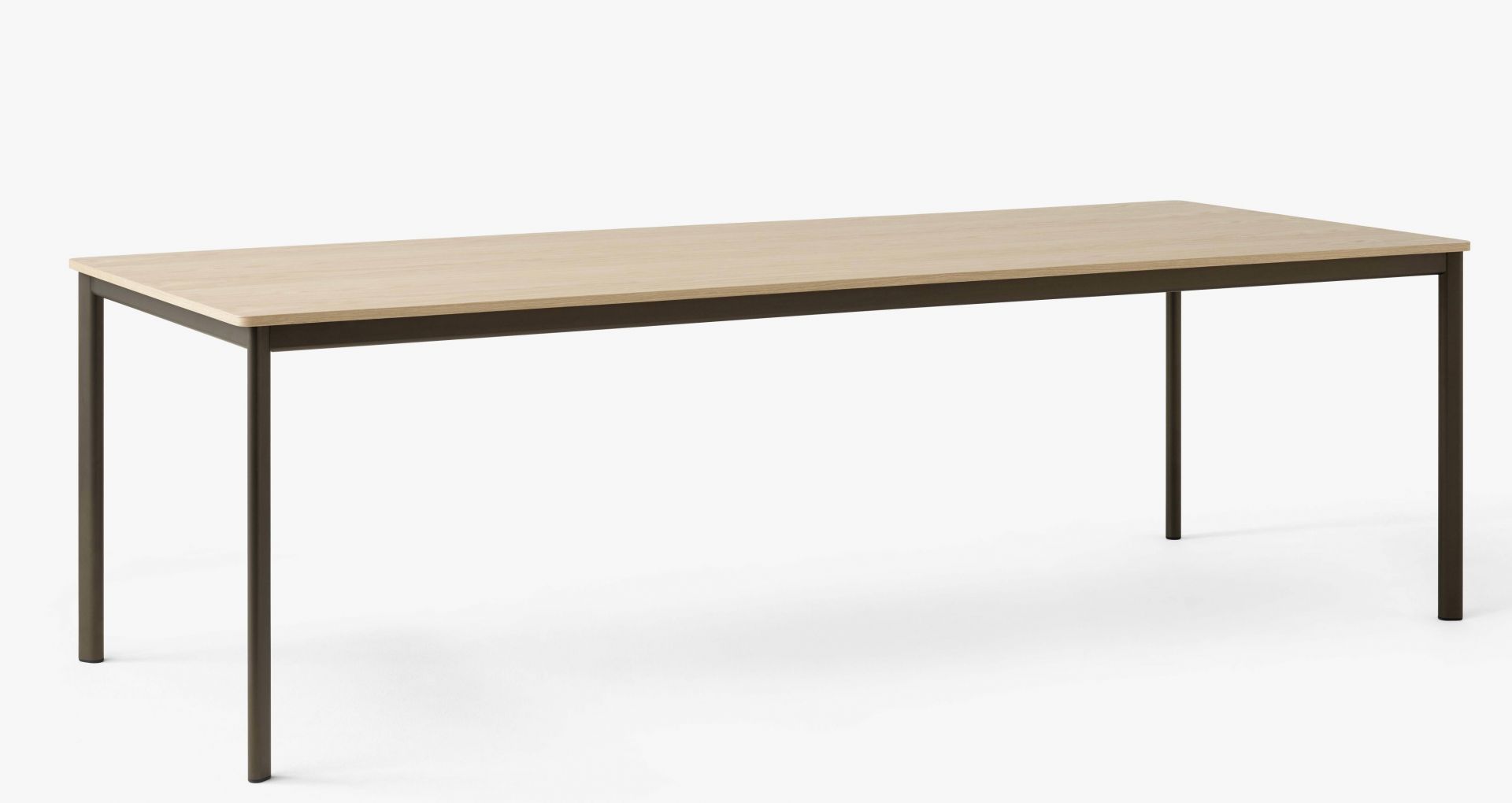 AndTradition Drip Table mit heller Tischplatte und dunklem Metallgestell, Esstisch oder Schreibtisch.