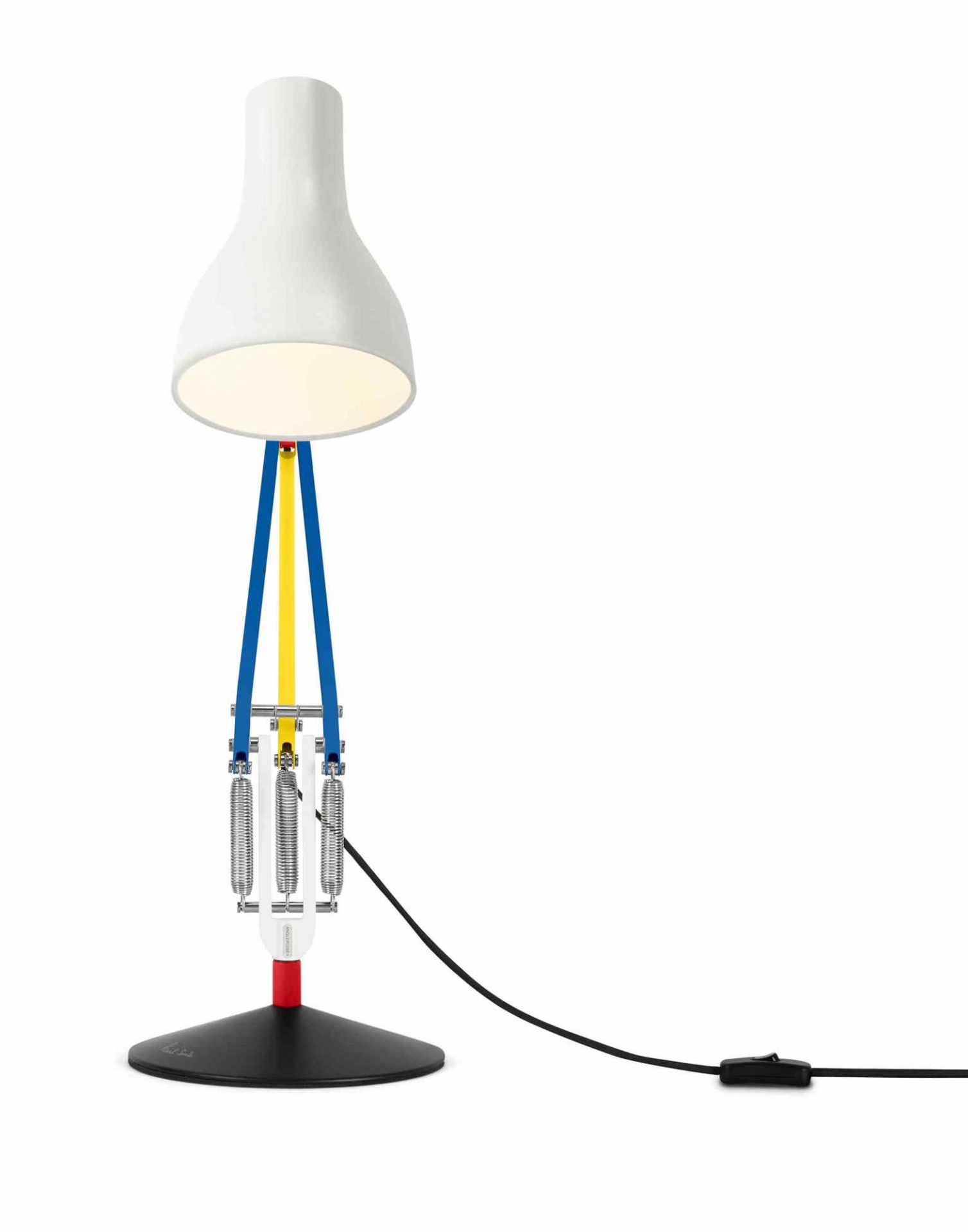 Anglepoise Type 75 Mini Paul Smith Edition 3 Tischleuchte mit weißem Lampenschirm und farbigem Gestell.