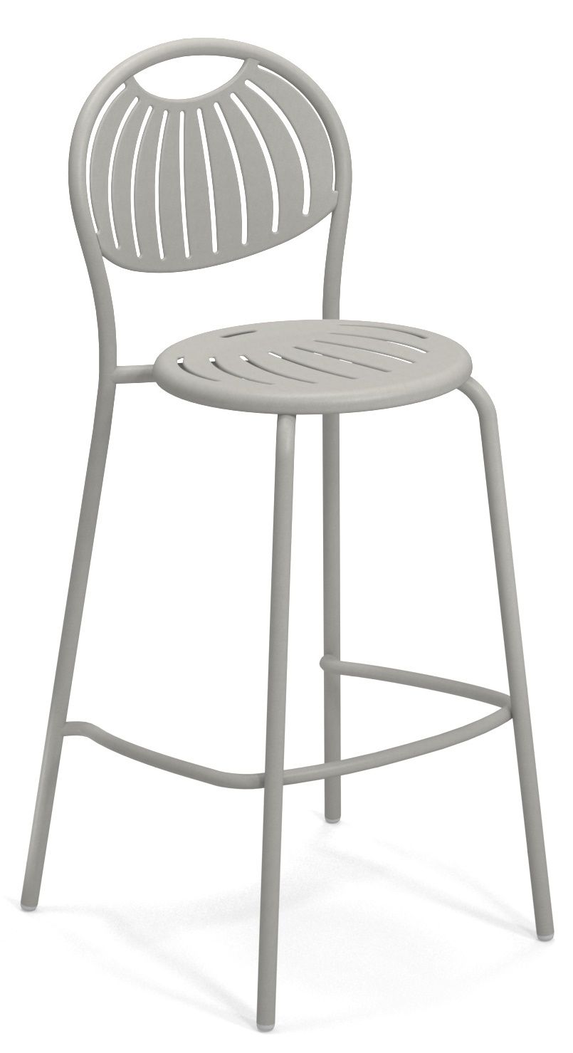 Coupole Barstool Barhocker Outdoor Emu, grauer Metallhocker mit Rückenlehne und runder Sitzfläche für den Außenbereich.