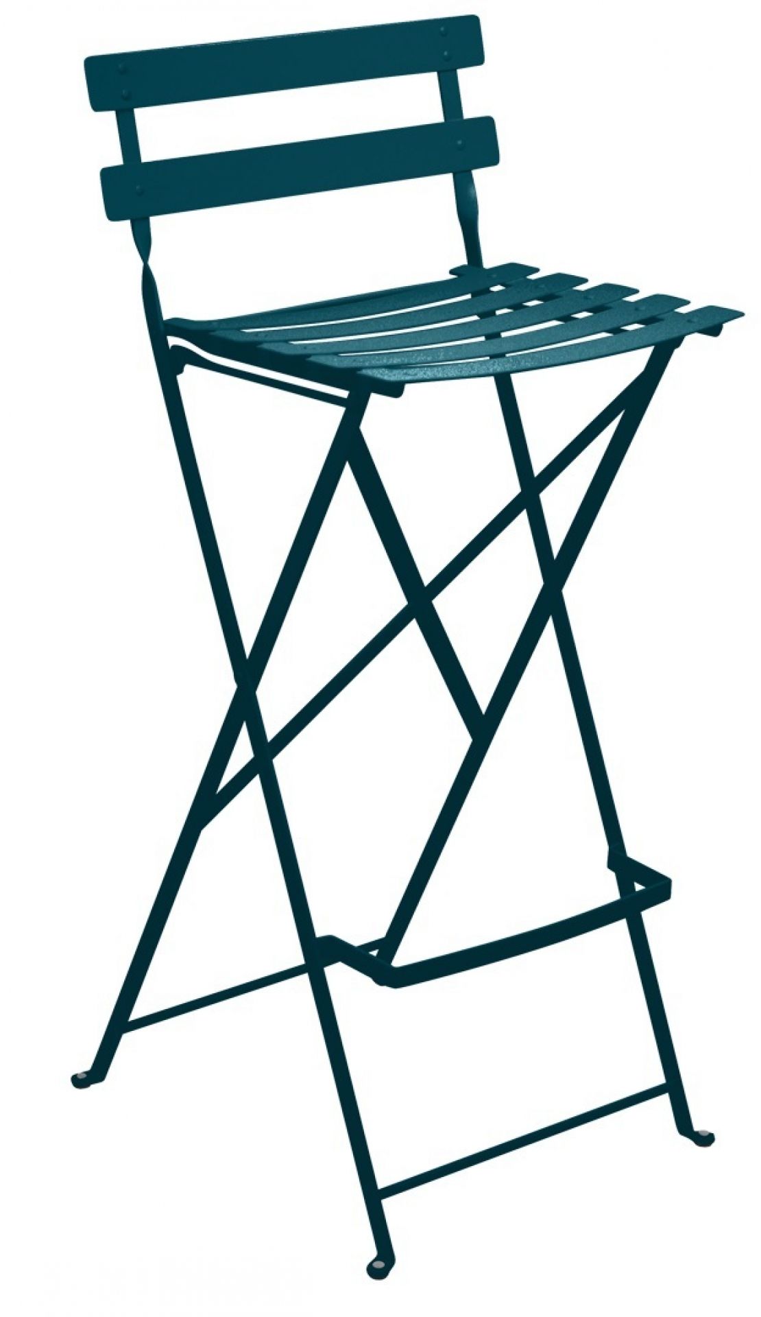 Blauer Bistro Barhocker von Fermob, klappbar, für den Outdoor-Bereich, Garten, Terrasse oder Balkon.