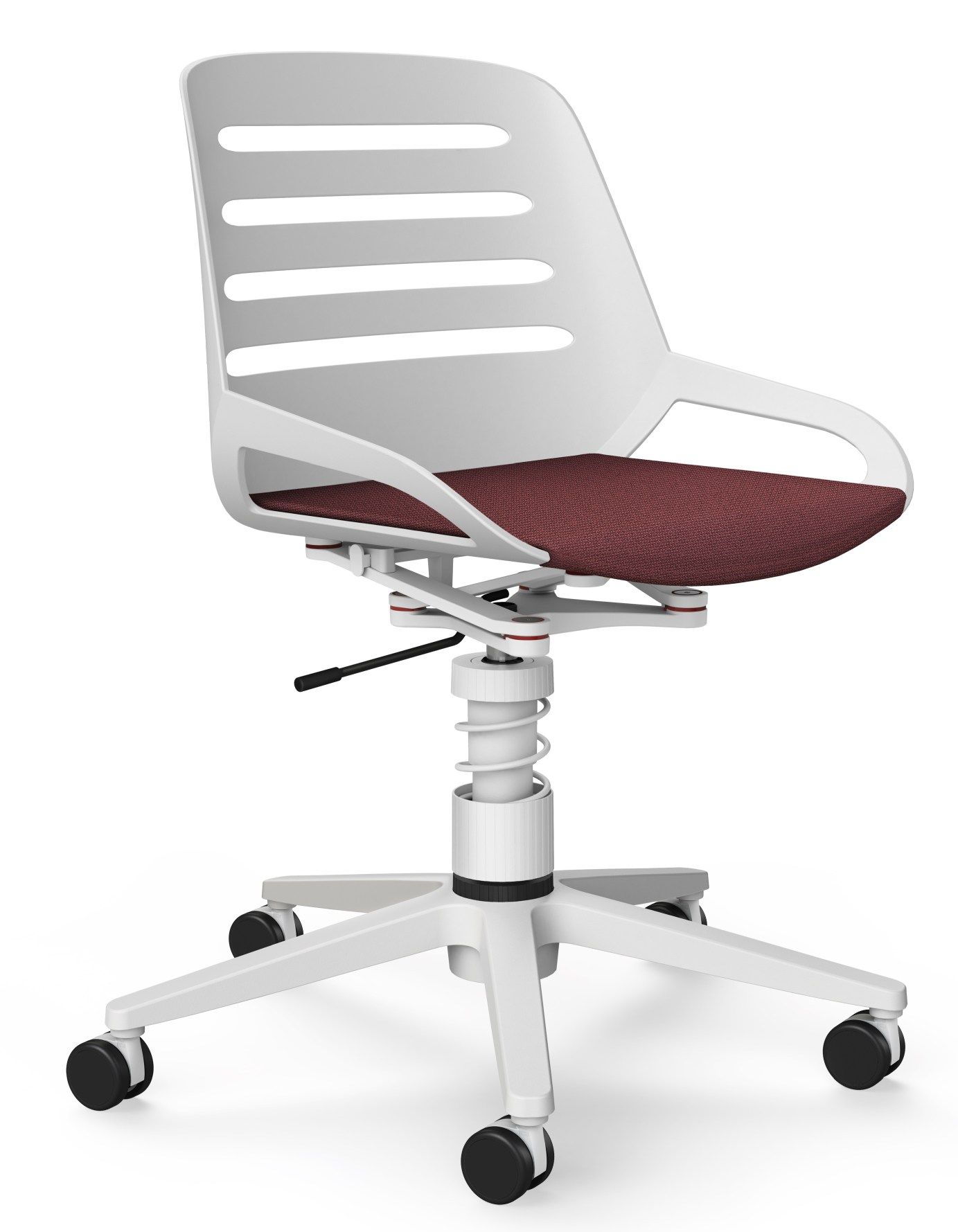 Numo Task Drehstuhl von Aeris, weiß mit bordeauxfarbenem Sitzpolster, ergonomisch und höhenverstellbar mit Rollen.