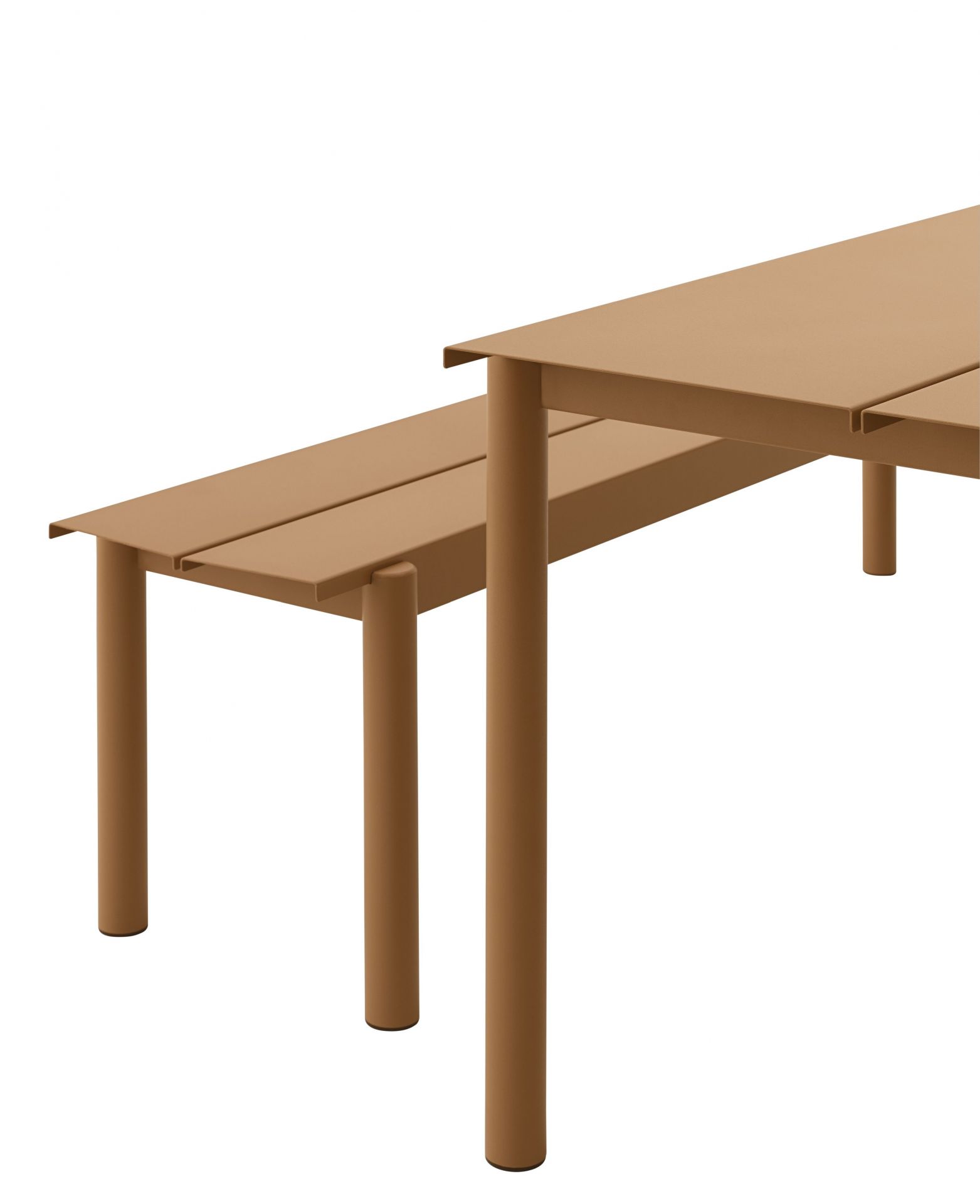 Muuto Linear Steel Outdoor Bank in Braun, moderne Gartenbank aus pulverbeschichtetem Stahl.