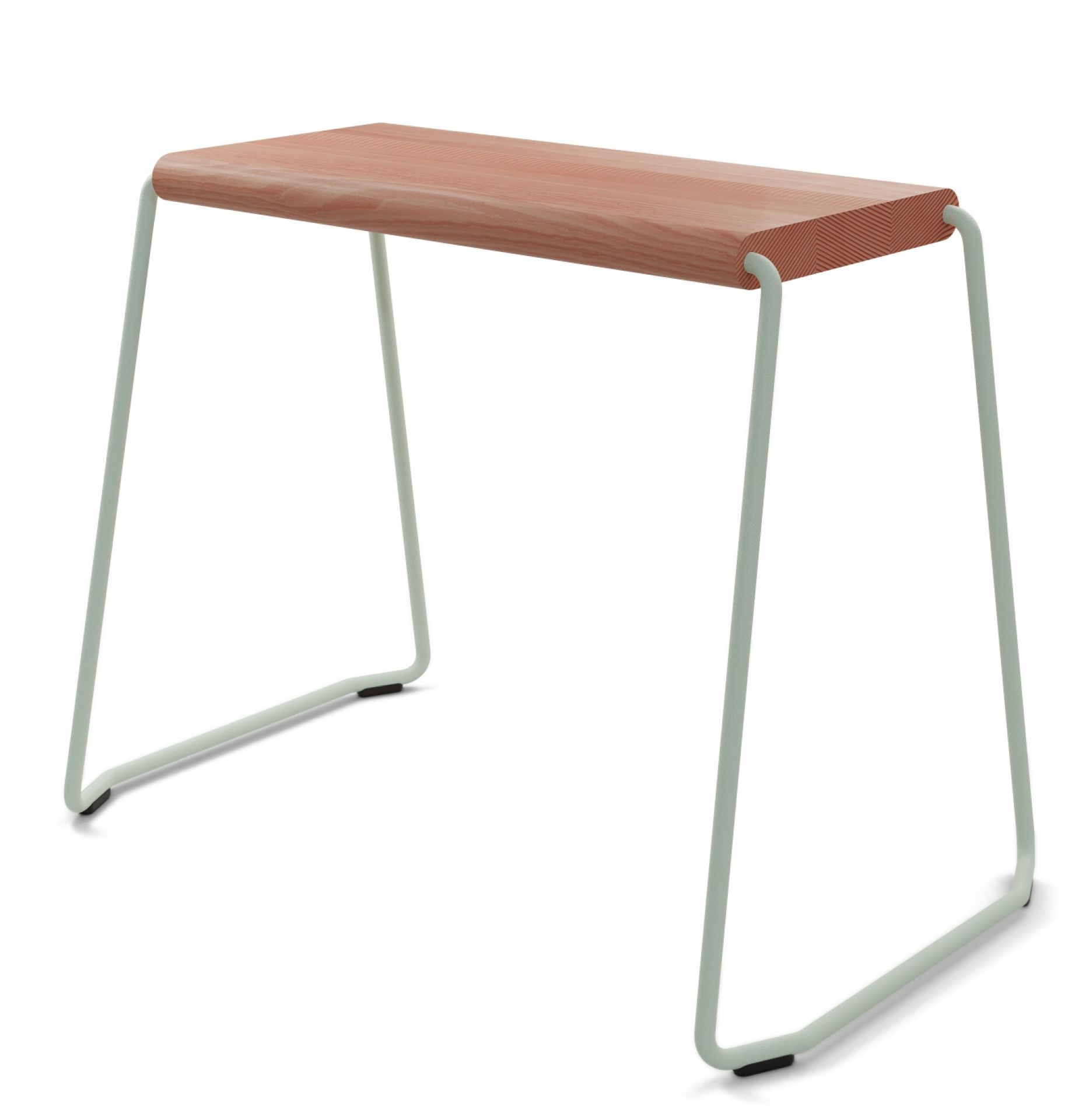 D:003 Beistellhocker Melone Fuchs & Habicht: Moderner Hocker mit Holzplatte und mintfarbenem Metallgestell.